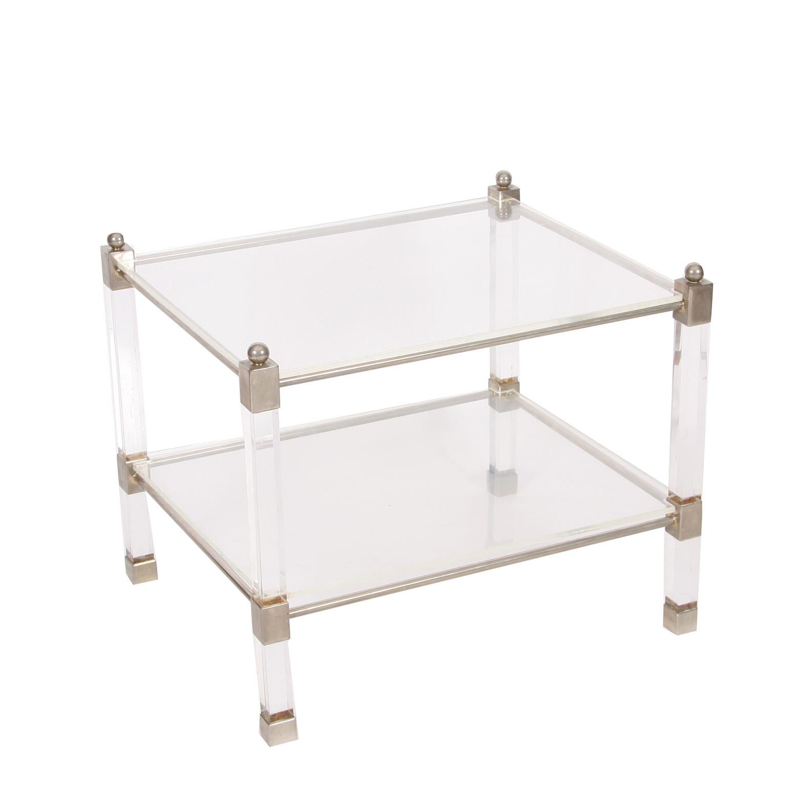 Mid-20th Century Vintage 1960s French Pair of Two-Tier Lucite and Nickel Side Tables For Sale