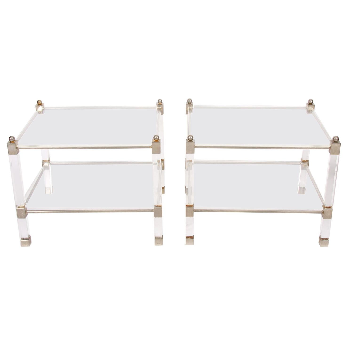 Vintage 1960s French Pair of Two-Tier Lucite and Nickel Side Tables For Sale