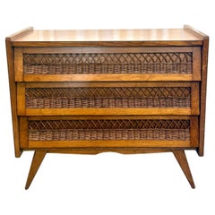 Vintage 1960's French Riviera Oak and Wicker Chest of Drawers (TWO Available)