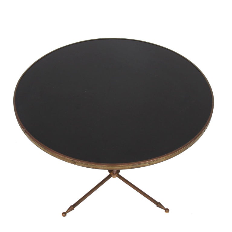 Vintage 1960s French Small Round Brass and Black Glass Side Table at