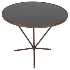 Vintage 1960s French Small Round Brass 
Black Glass Side Table
