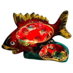 Vintage 1960s French Vallauris Ceramic Red & Gold Glazed Fish Table Lamp