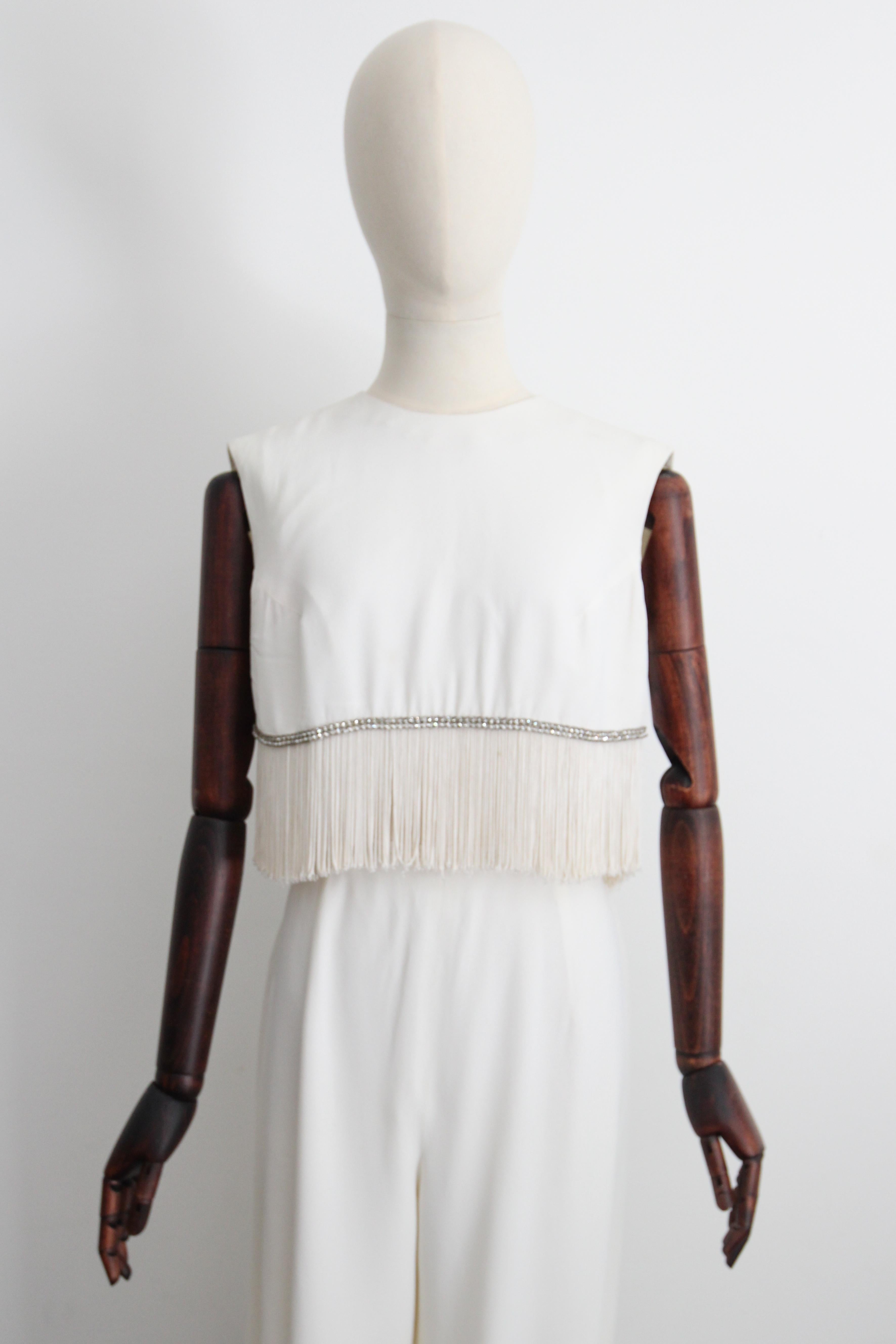 Gray Vintage 1960's Fringed Blouse and Rhinestone Blouse genie trouser set UK 12 US 8 For Sale