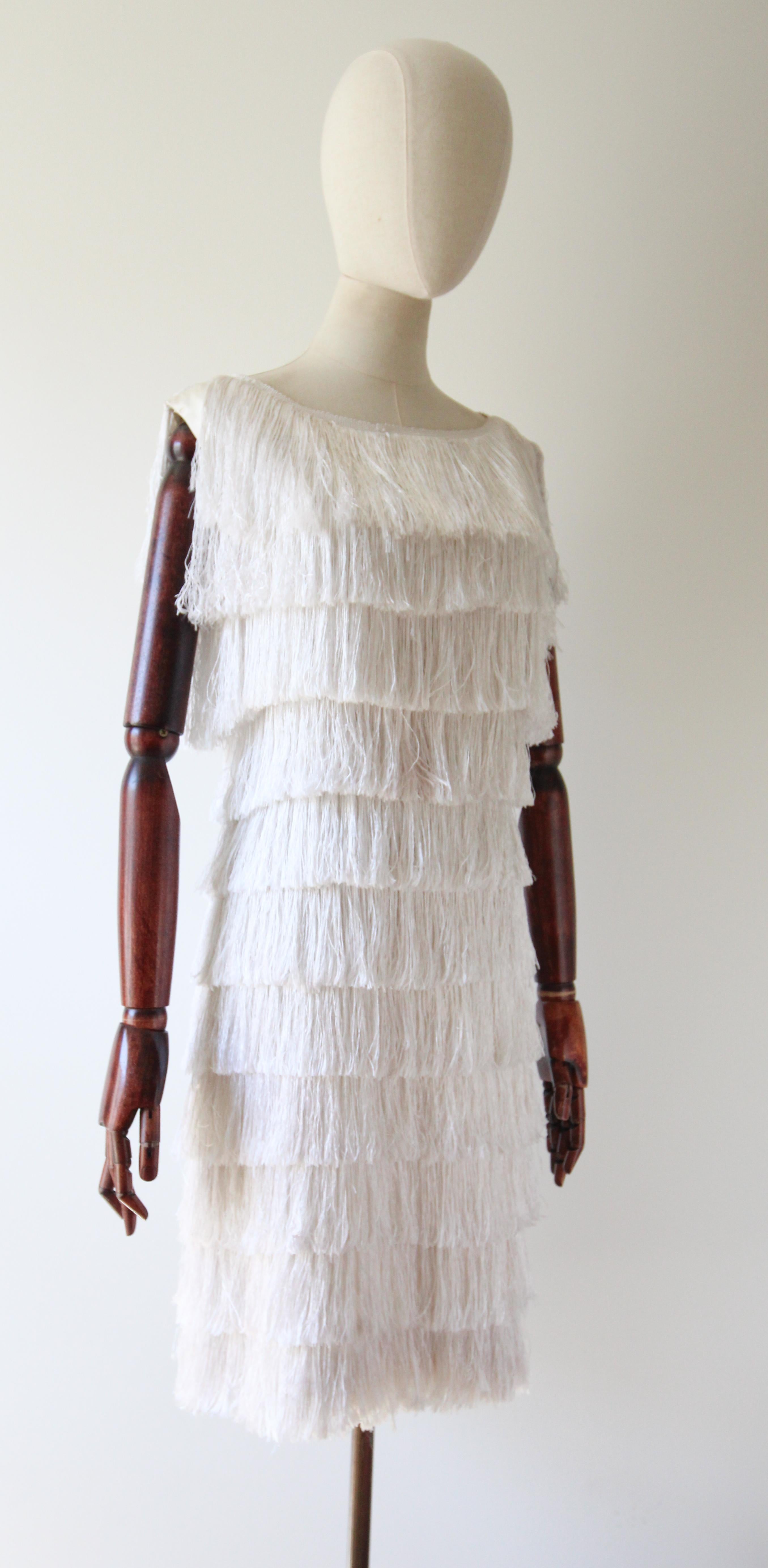 Gray Vintage 1960s fringed ivory wiggled dress sixties gogo fringed tassel dress UK 8 For Sale