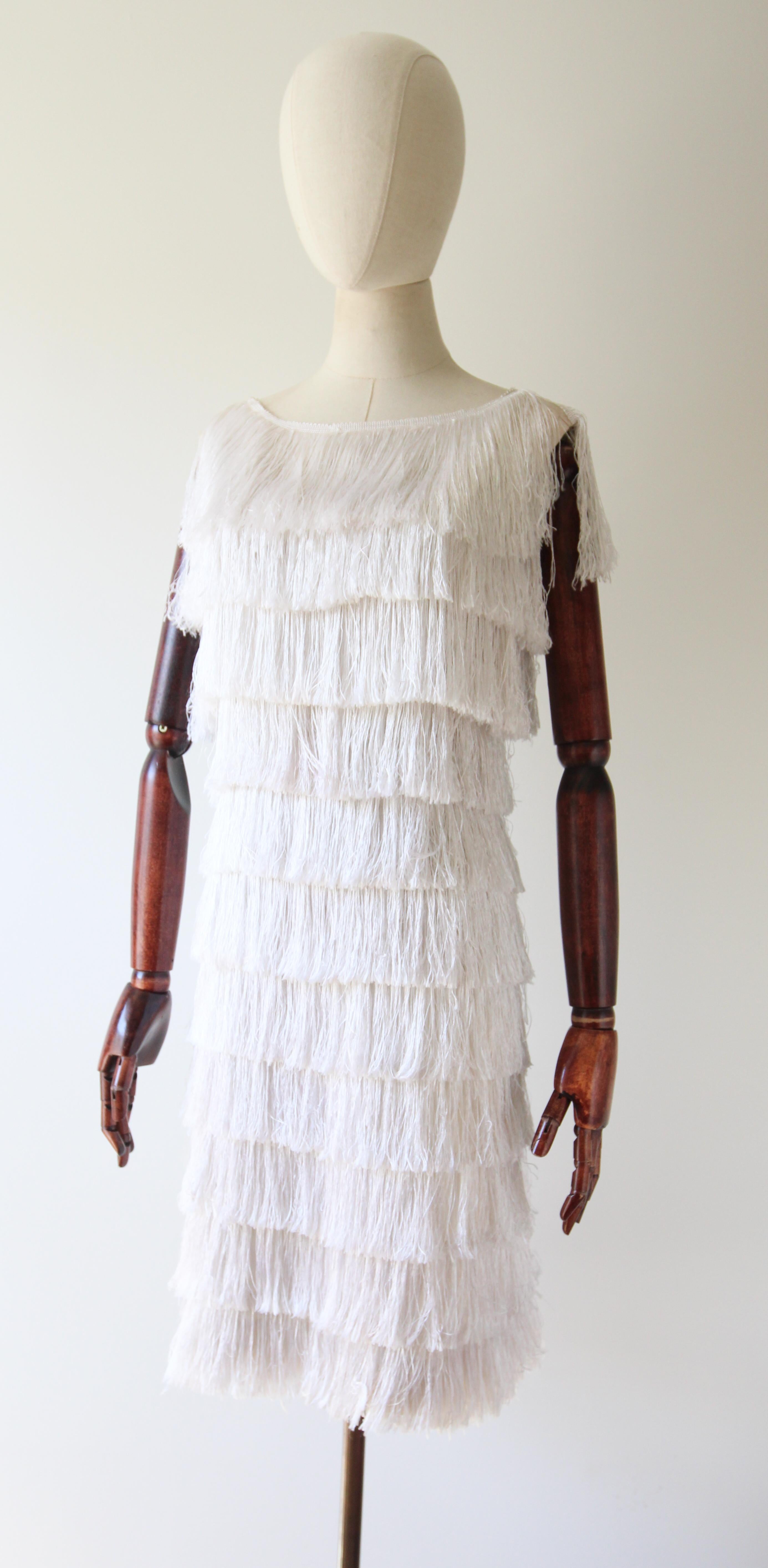Women's Vintage 1960s fringed ivory wiggled dress sixties gogo fringed tassel dress UK 8 For Sale