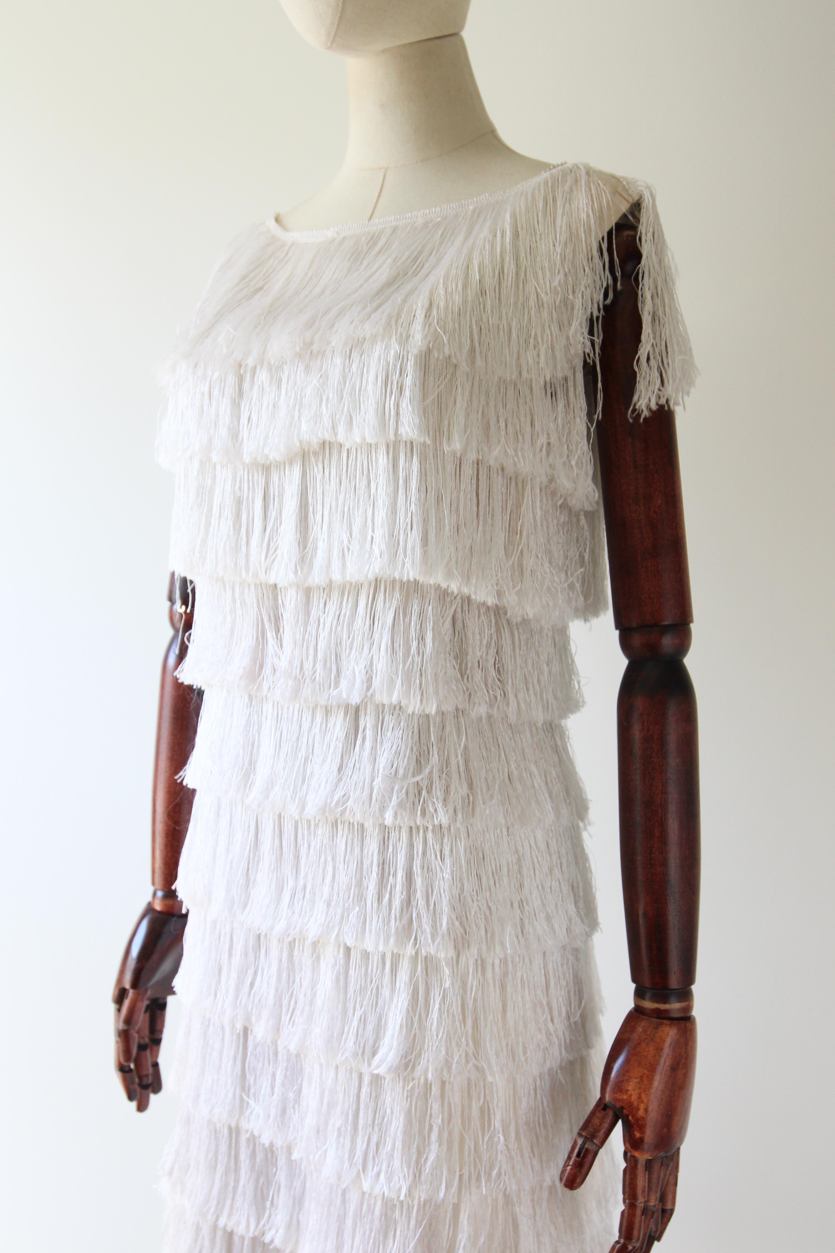 Vintage 1960s fringed ivory wiggled dress sixties gogo fringed tassel dress UK 8 For Sale 1
