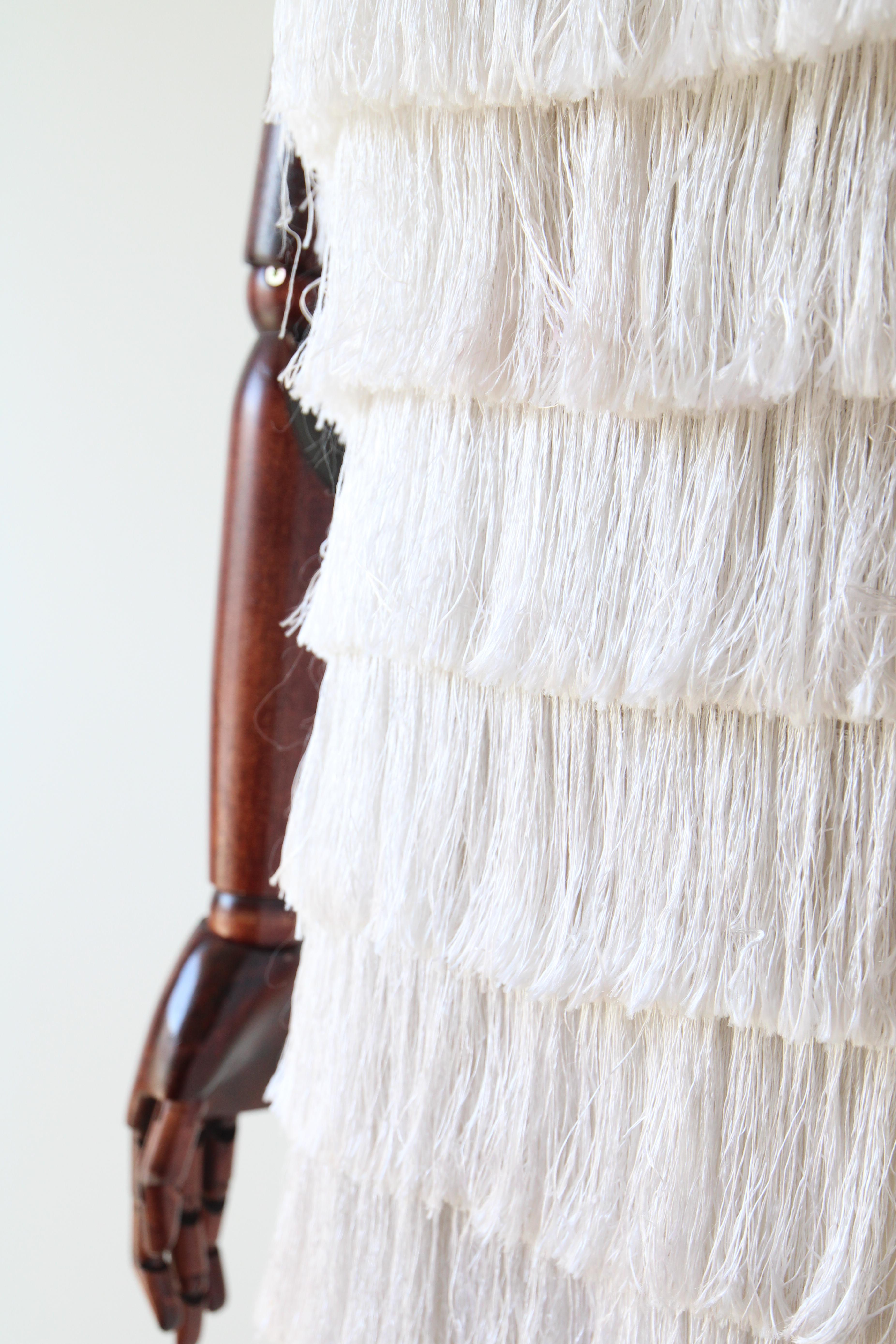 Vintage 1960s fringed ivory wiggled dress sixties gogo fringed tassel dress UK 8 For Sale 2