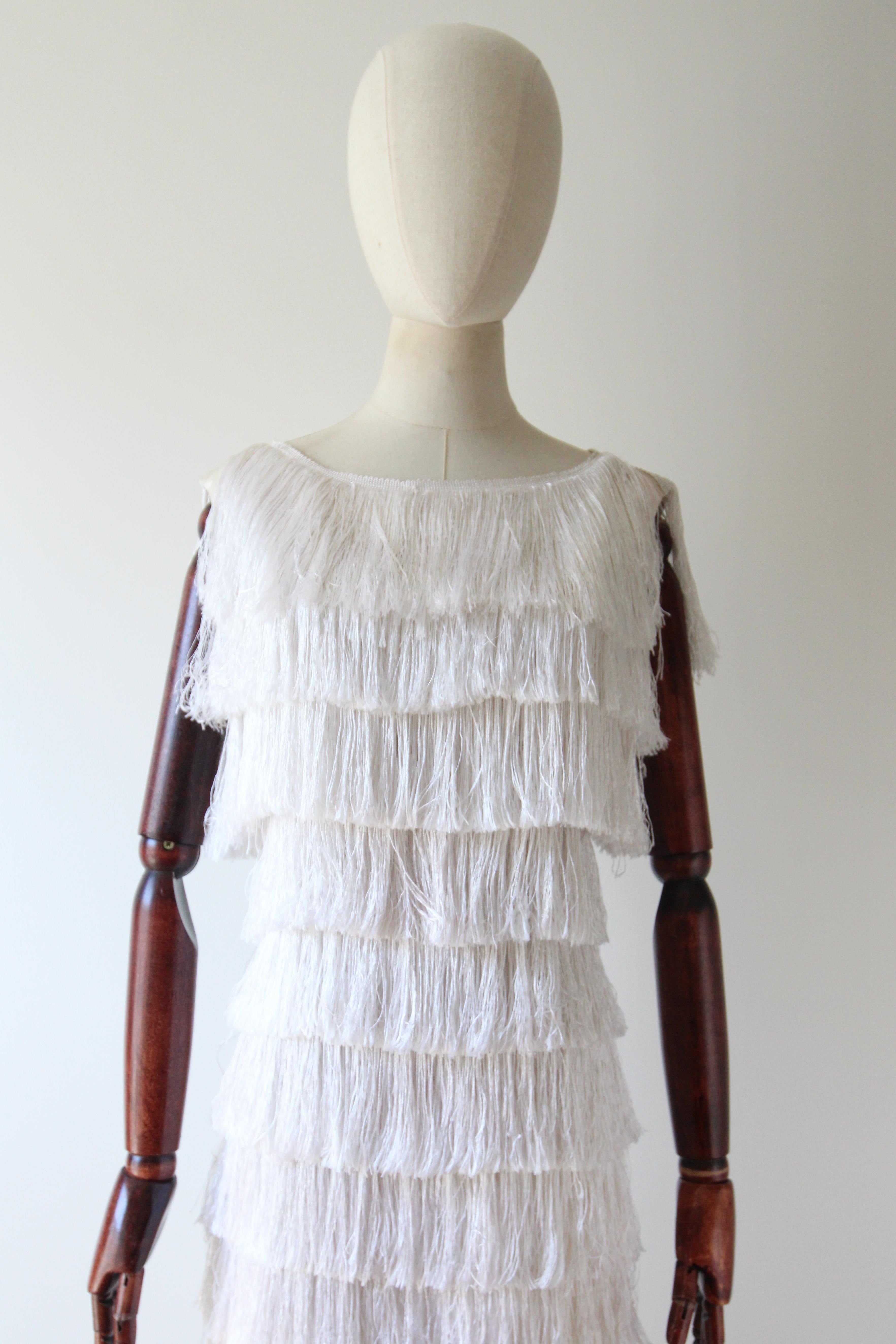 Vintage 1960s fringed ivory wiggled dress sixties gogo fringed tassel dress UK 8 For Sale 3
