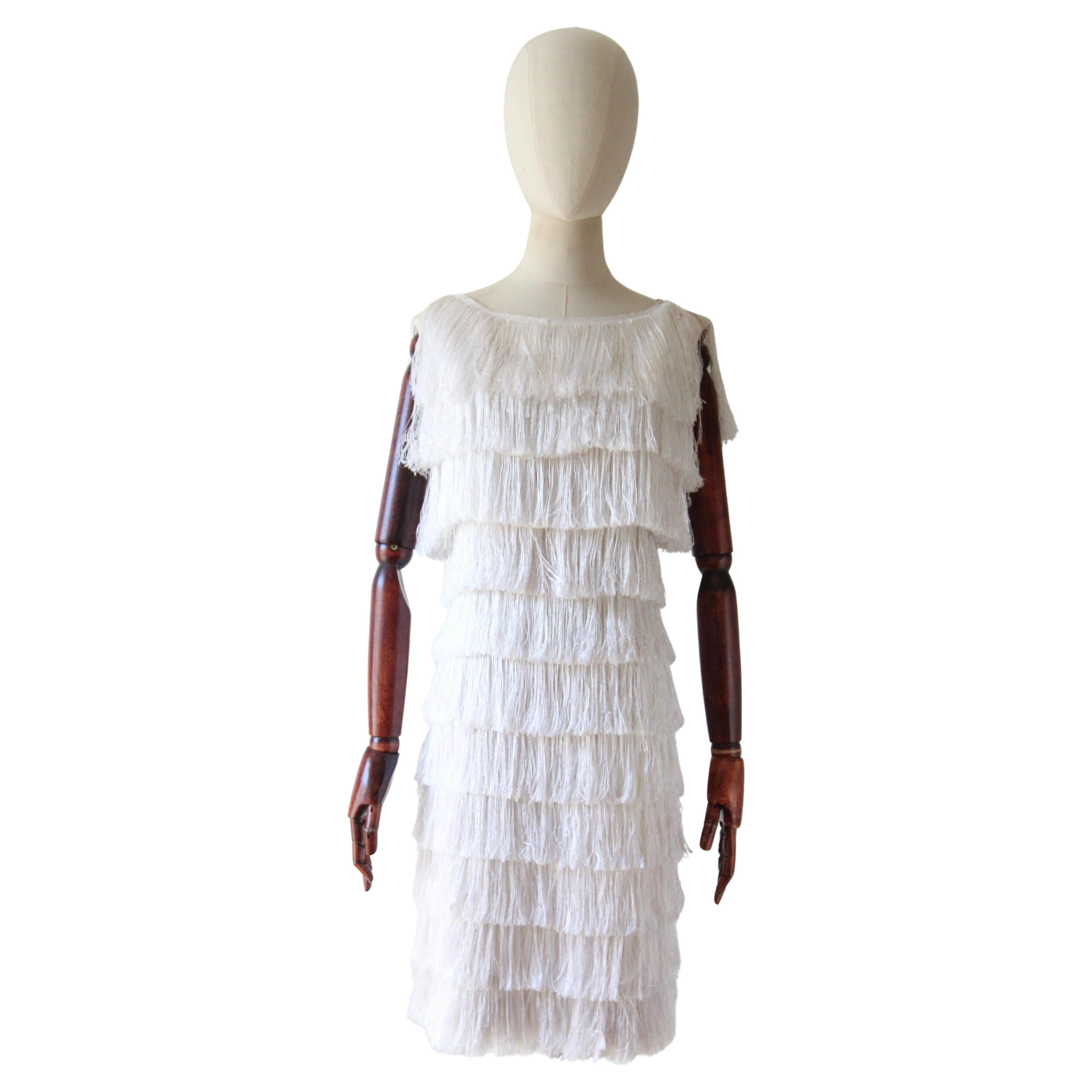 Vintage 1960s fringed ivory wiggled dress sixties gogo fringed tassel dress UK 8 For Sale