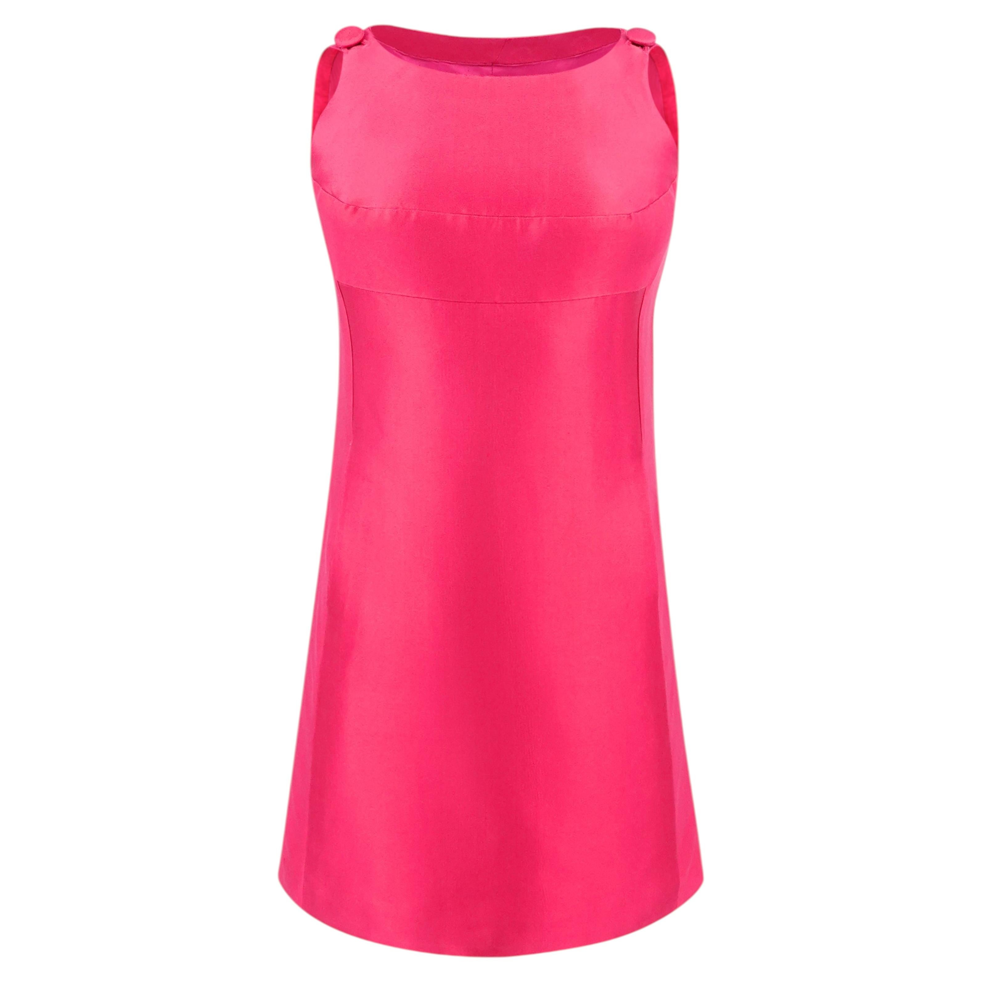 Vintage 1960s Fuchsia Shift Mini Dress, Covered Buttons