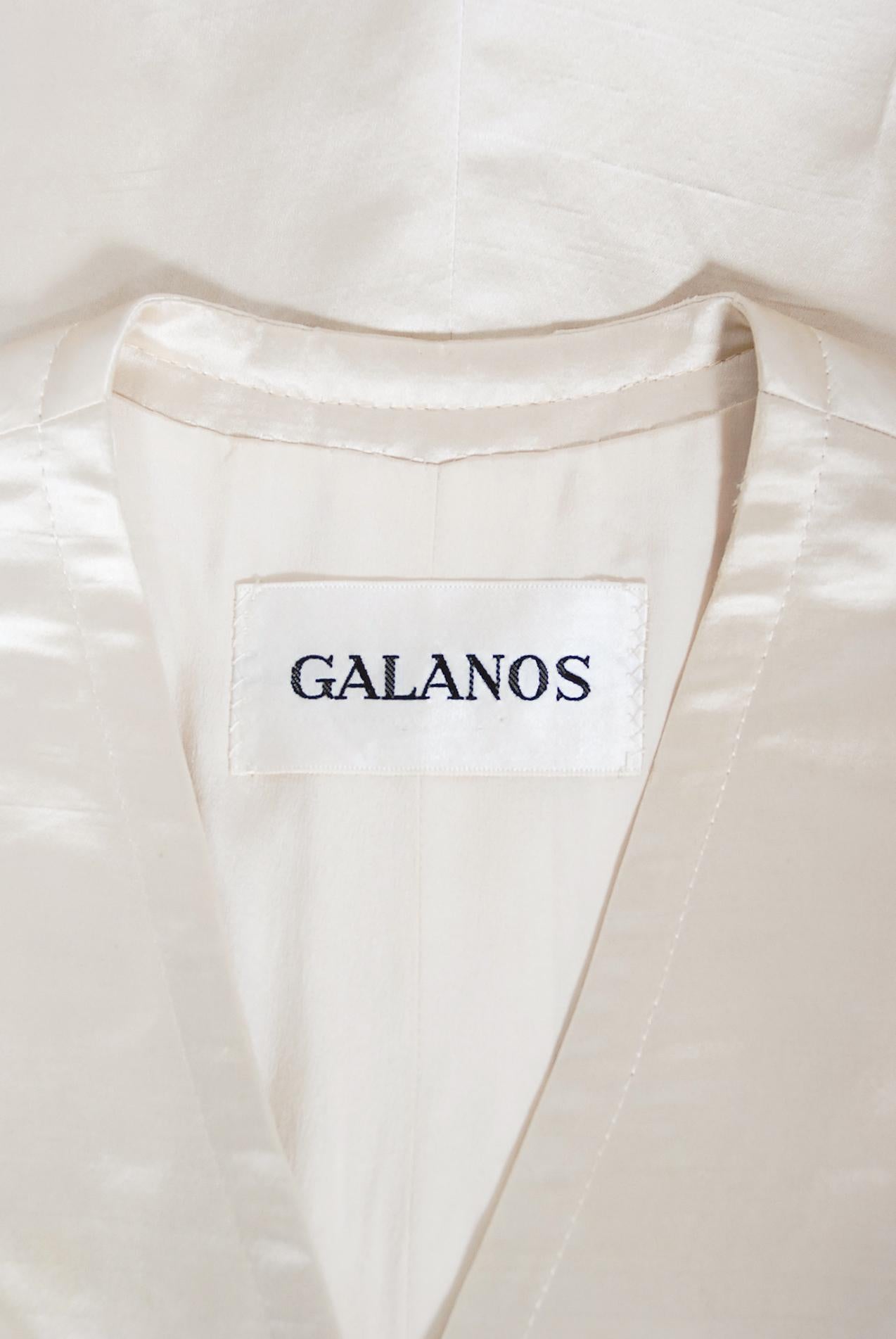 Vintage 1960's Galanos Couture Ivory Silk Satin Low-Plunge Long Sleeve Jumpsuit For Sale 2