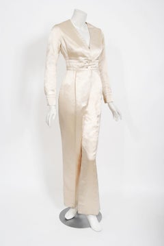 Vintage 1960's Galanos Couture Ivory Silk Satin Low-Plunge Long Sleeve Jumpsuit