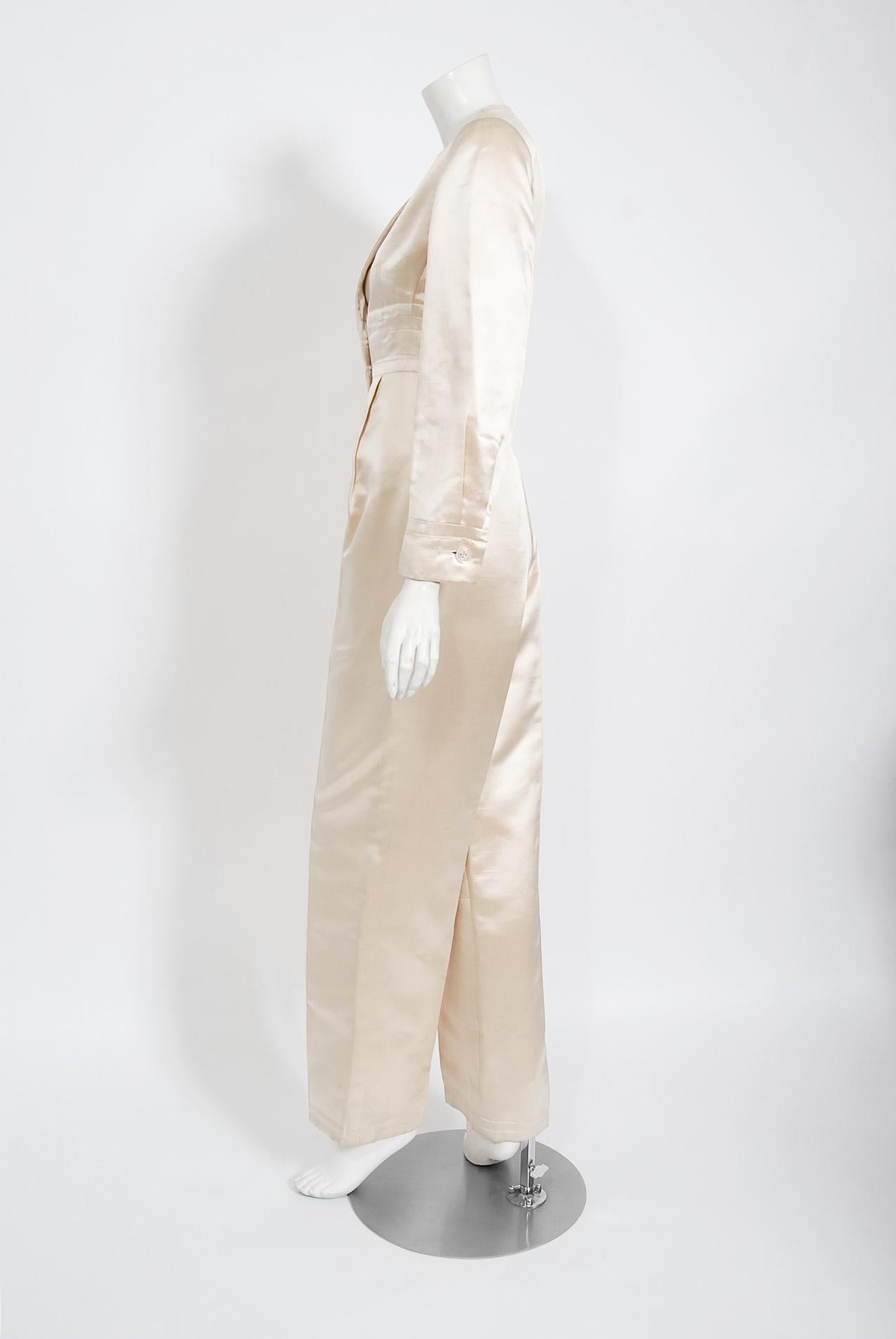 Beige Vintage 1960's Galanos Couture Ivory Silk Satin Low-Plunge Long Sleeve Jumpsuit  For Sale