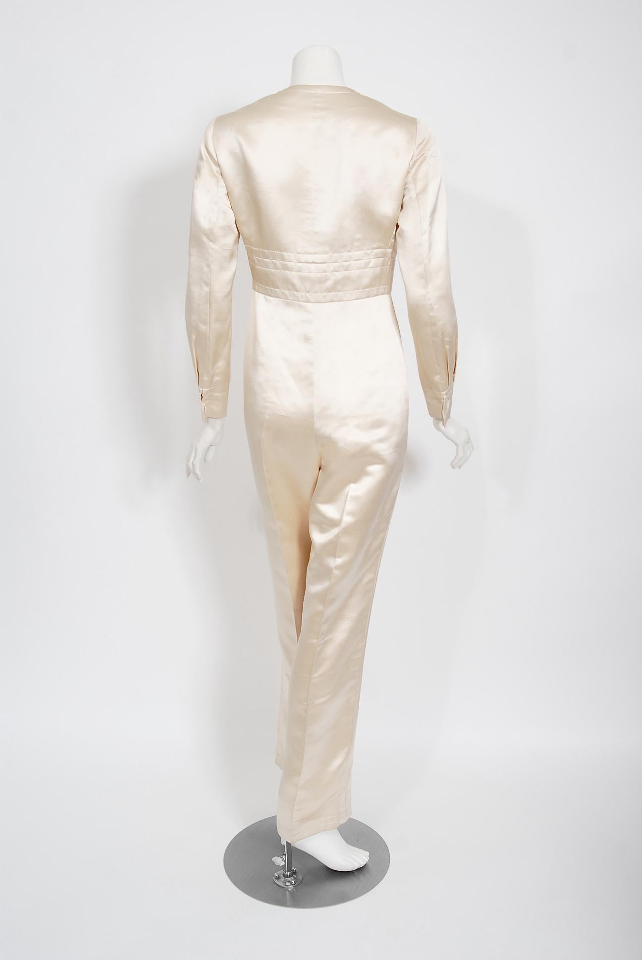 Women's Vintage 1960's Galanos Couture Ivory Silk Satin Low-Plunge Long Sleeve Jumpsuit For Sale