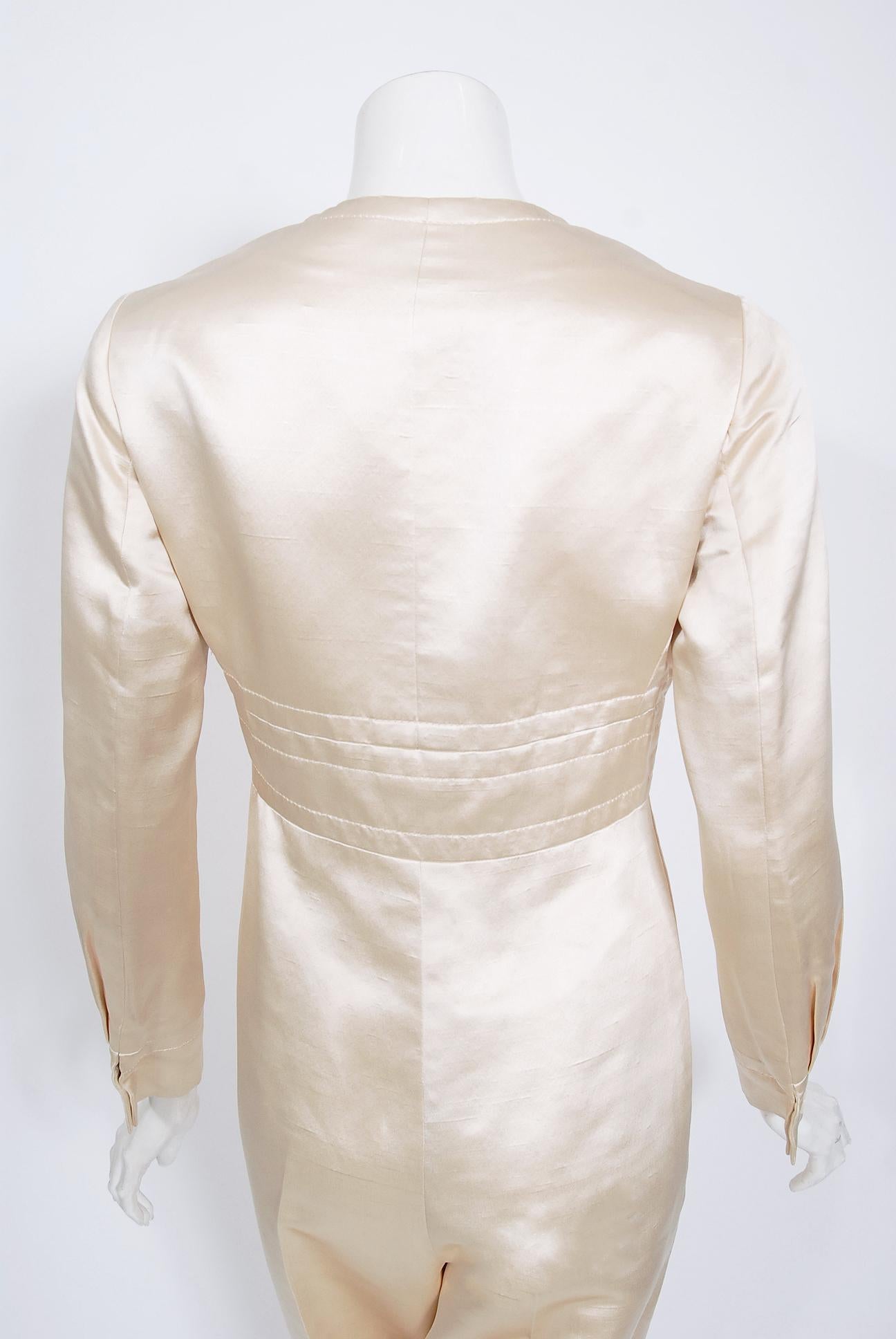Vintage 1960's Galanos Couture Ivory Silk Satin Low-Plunge Long Sleeve Jumpsuit  For Sale 1