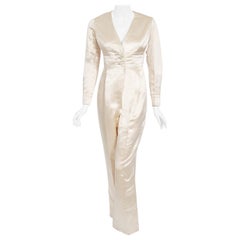 Vintage 1960's Galanos Couture Ivory Silk Satin Low-Plunge Long Sleeve Jumpsuit 