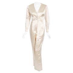 Vintage 1960's Galanos Couture Mono de seda y satén marfil de manga larga y tiro bajo