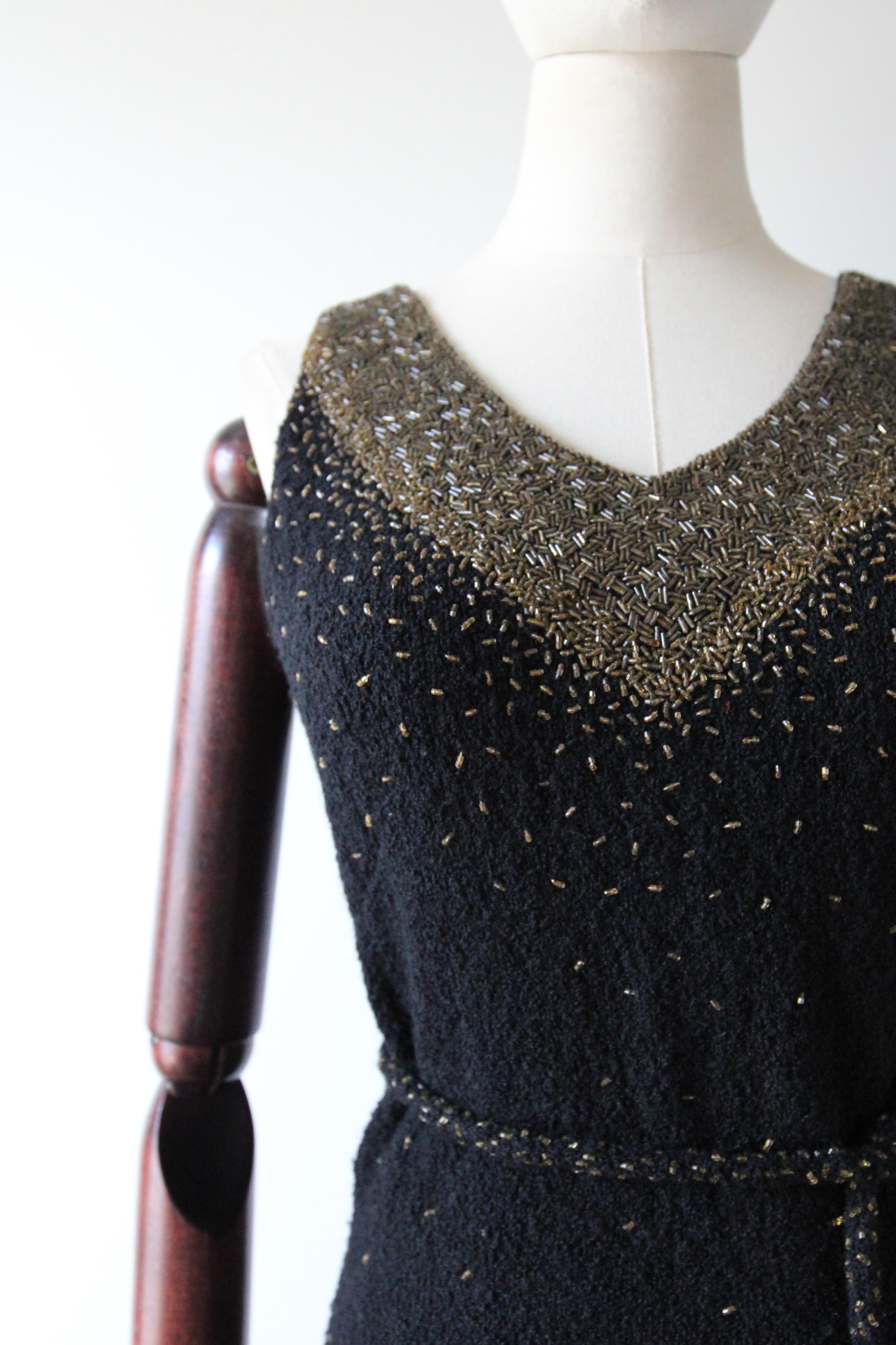 Vintage 1960's Gene Shelly Black and Gold Beaded Evening Dress UK 10-12 US 6-8 In Good Condition For Sale In Cheltenham, GB