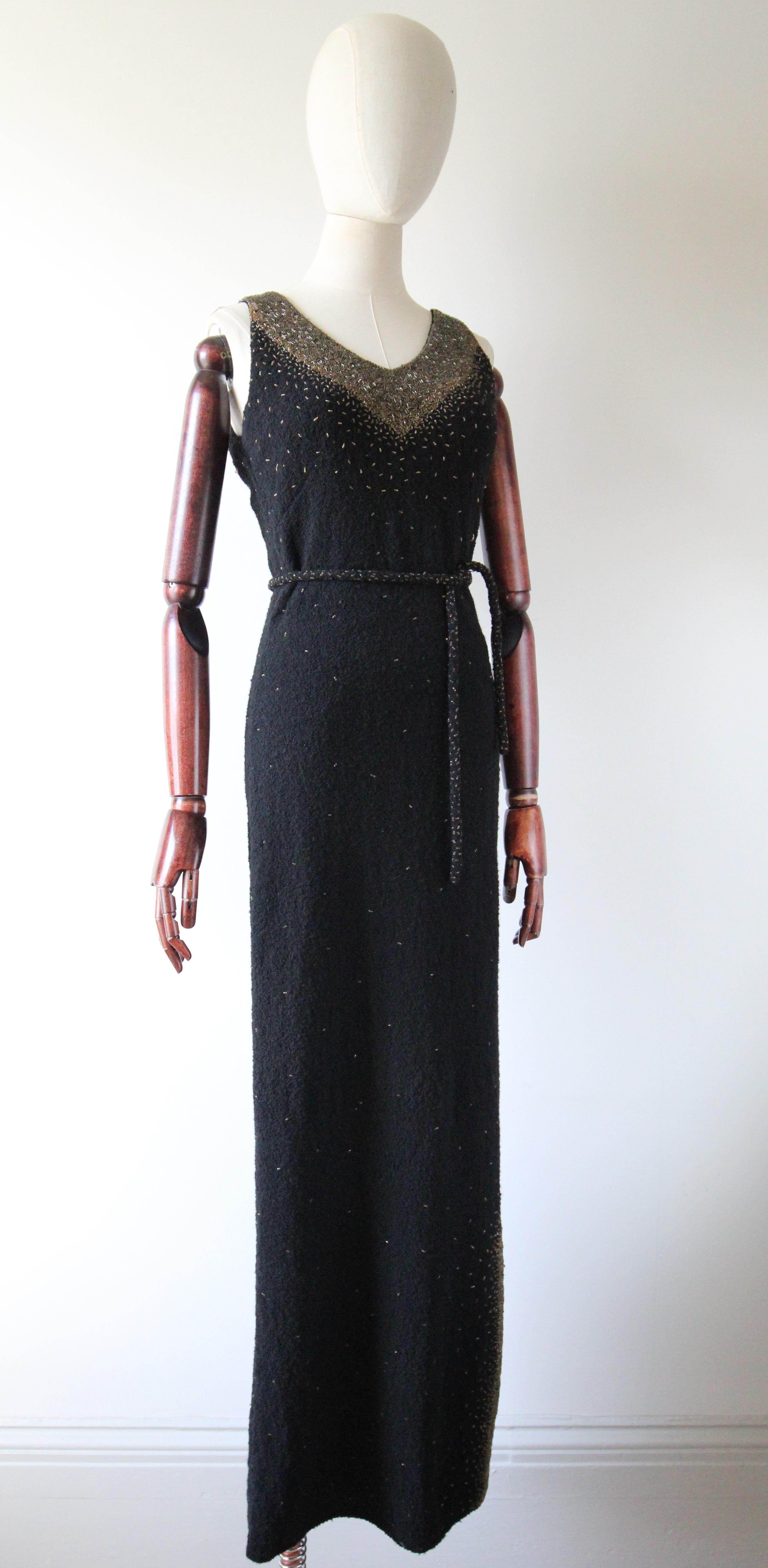 Women's Vintage 1960's Gene Shelly Black and Gold Beaded Evening Dress UK 10-12 US 6-8 For Sale