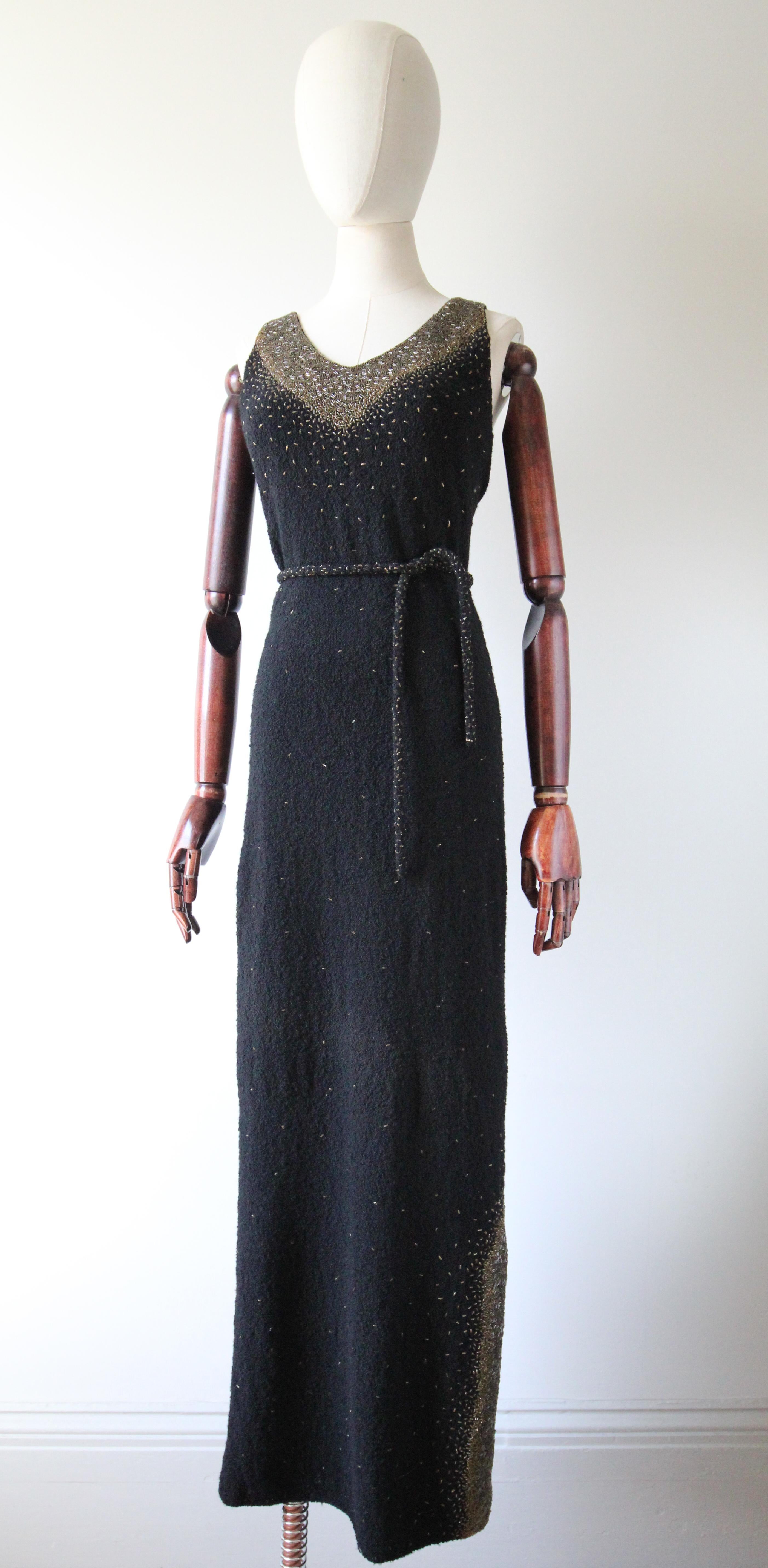 Vintage 1960's Gene Shelly Black and Gold Beaded Evening Dress UK 10-12 US 6-8 For Sale 2