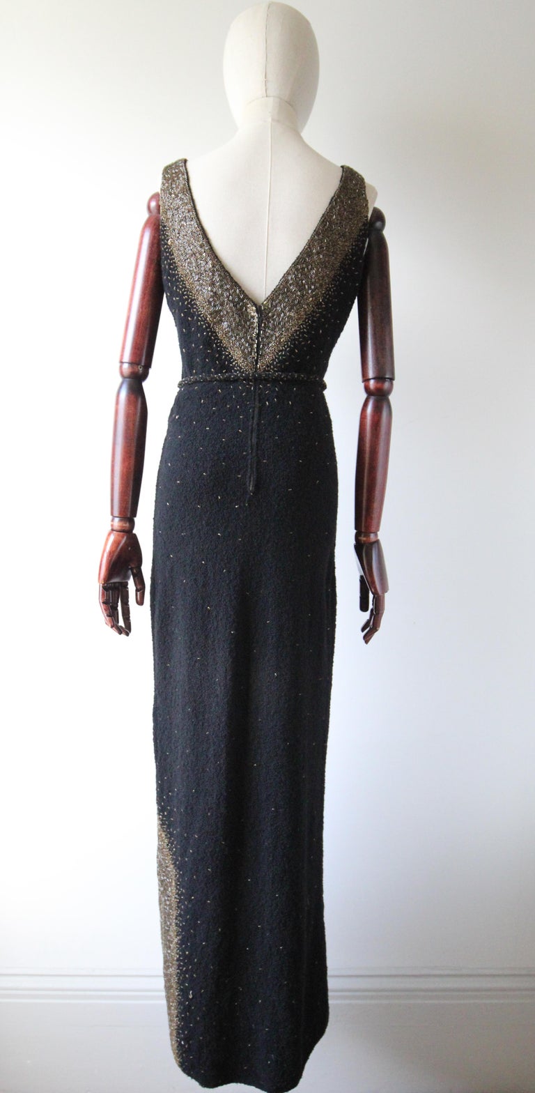 Gold Star Sky Vintage 1960's Black Wool & Gold Beaded Gene Shelly Evening Dress UK 10-12 US 6-8