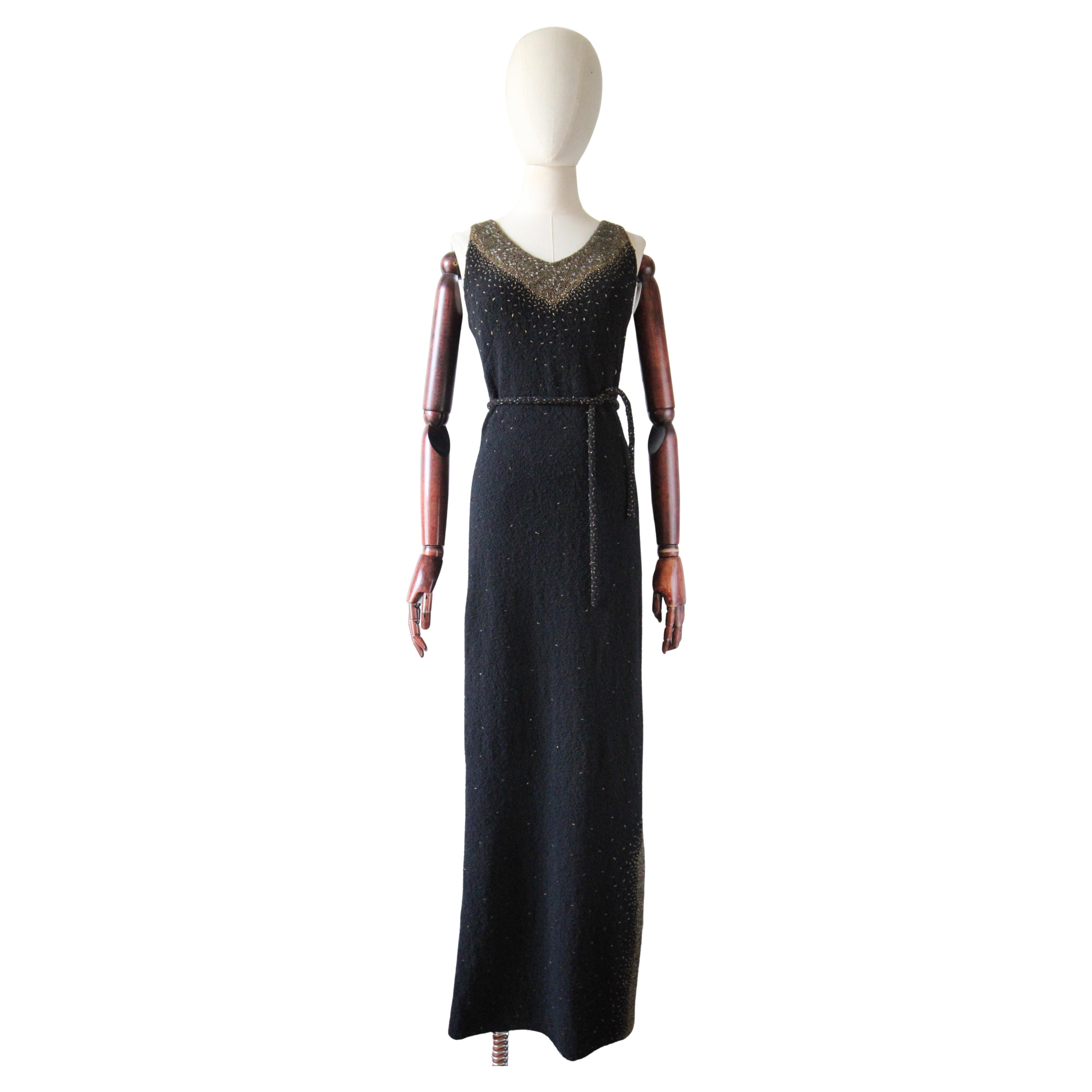 Vintage 1960's Gene Shelly Black and Gold Beaded Evening Dress UK 10-12 US 6-8 For Sale