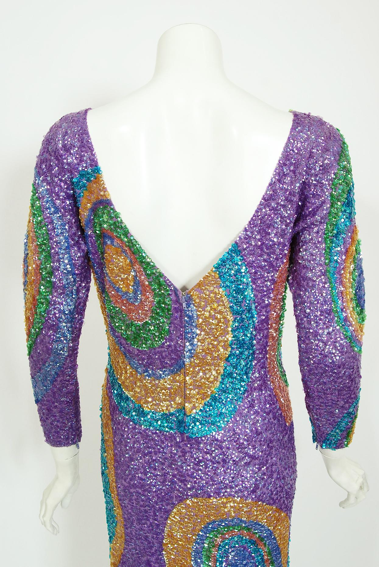 Vintage 1960's Gene Shelly bunte Atomic Swirl Pailletten Wolle stricken Sanduhr Kleid 5