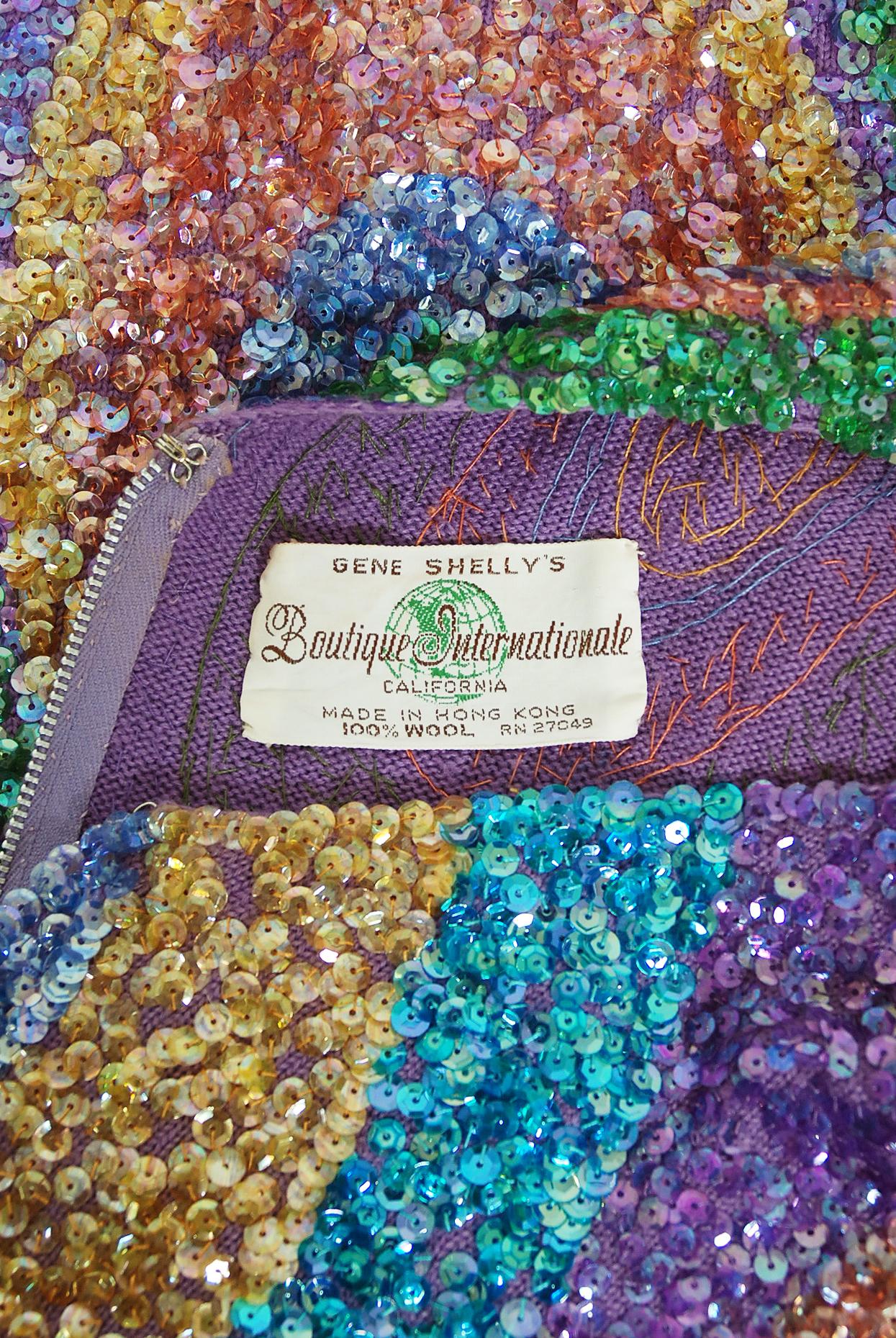 Vintage 1960's Gene Shelly bunte Atomic Swirl Pailletten Wolle stricken Sanduhr Kleid 6