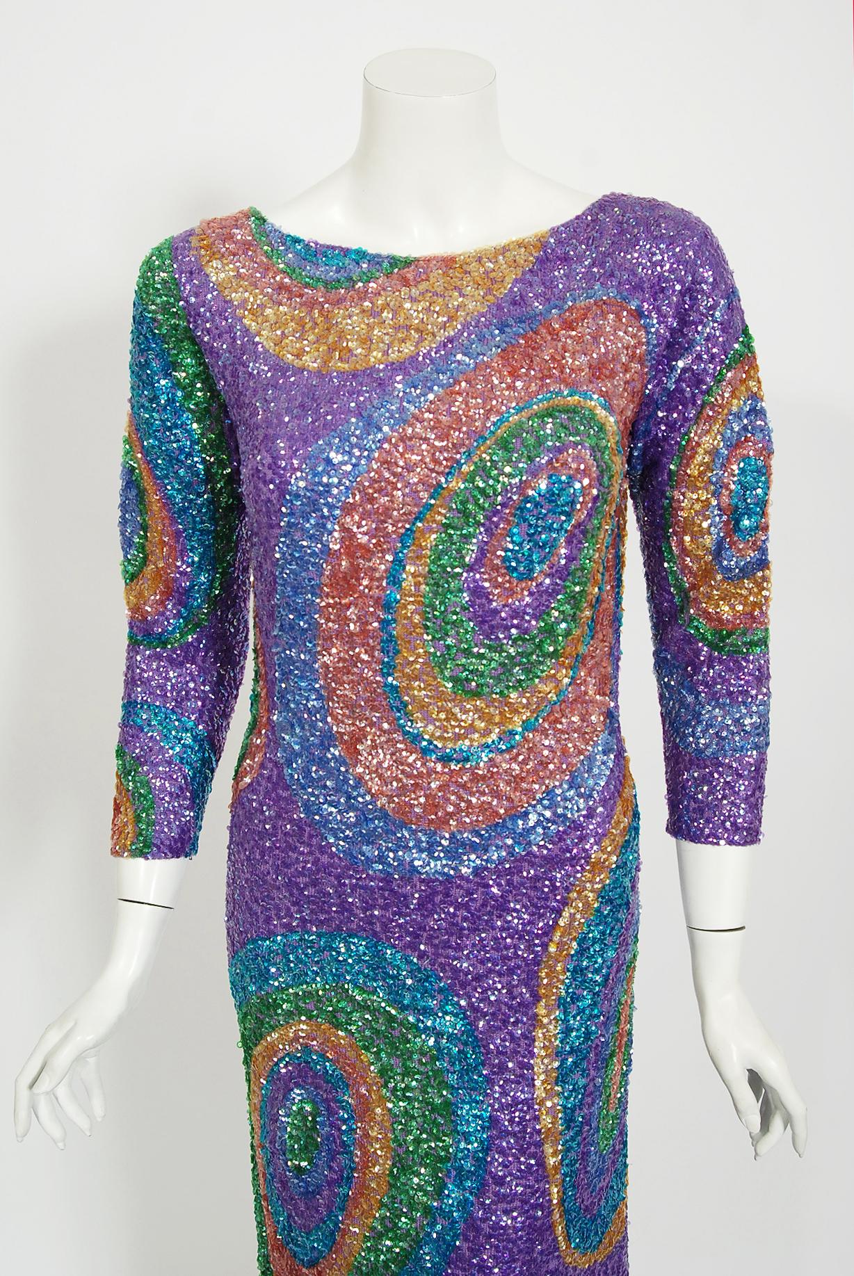 Vintage 1960's Gene Shelly bunte Atomic Swirl Pailletten Wolle stricken Sanduhr Kleid (Grau)