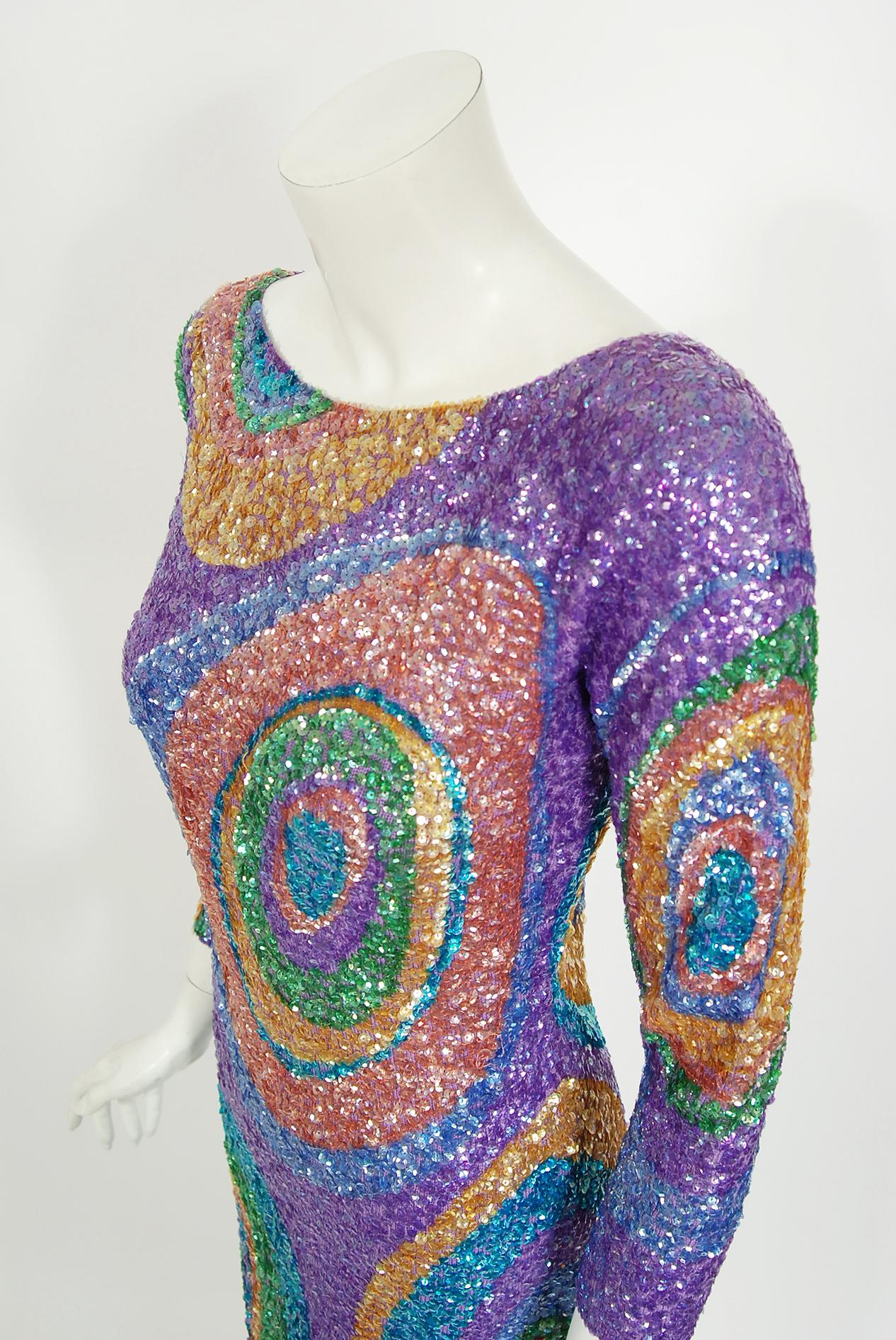Vintage 1960's Gene Shelly bunte Atomic Swirl Pailletten Wolle stricken Sanduhr Kleid 1