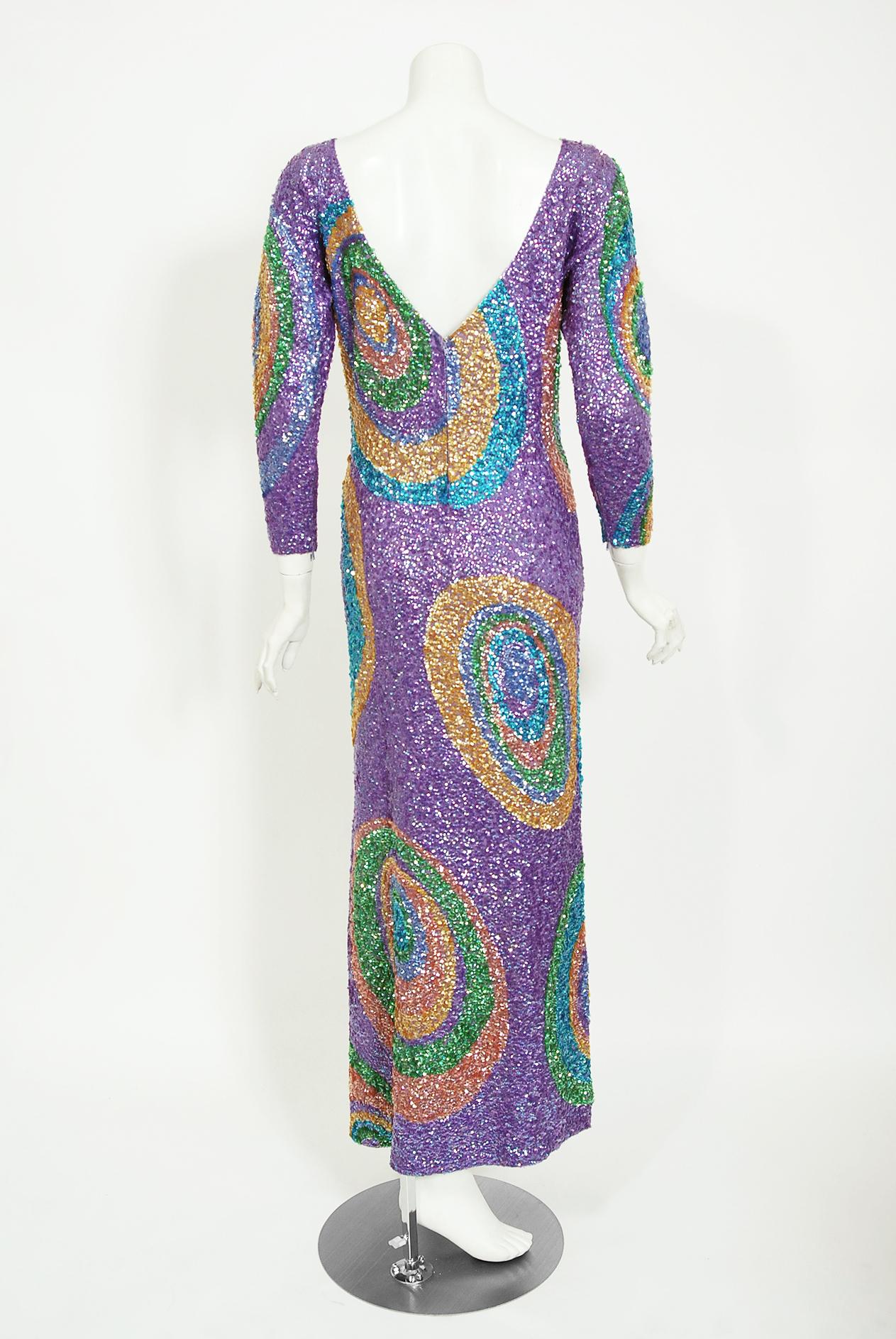 Vintage 1960's Gene Shelly bunte Atomic Swirl Pailletten Wolle stricken Sanduhr Kleid 4