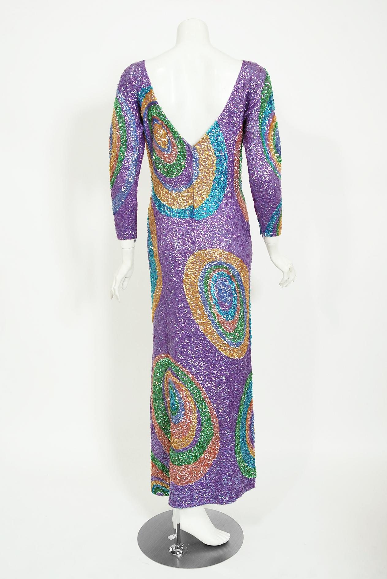 Vintage 1960's Gene Shelly Colorful Atomic Swirl Sequin Wool Knit Hourglass Gown 1