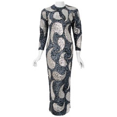 Retro 1960's Gene Shelly Silver Sequin Beaded Wool Knit Hourglass Dress