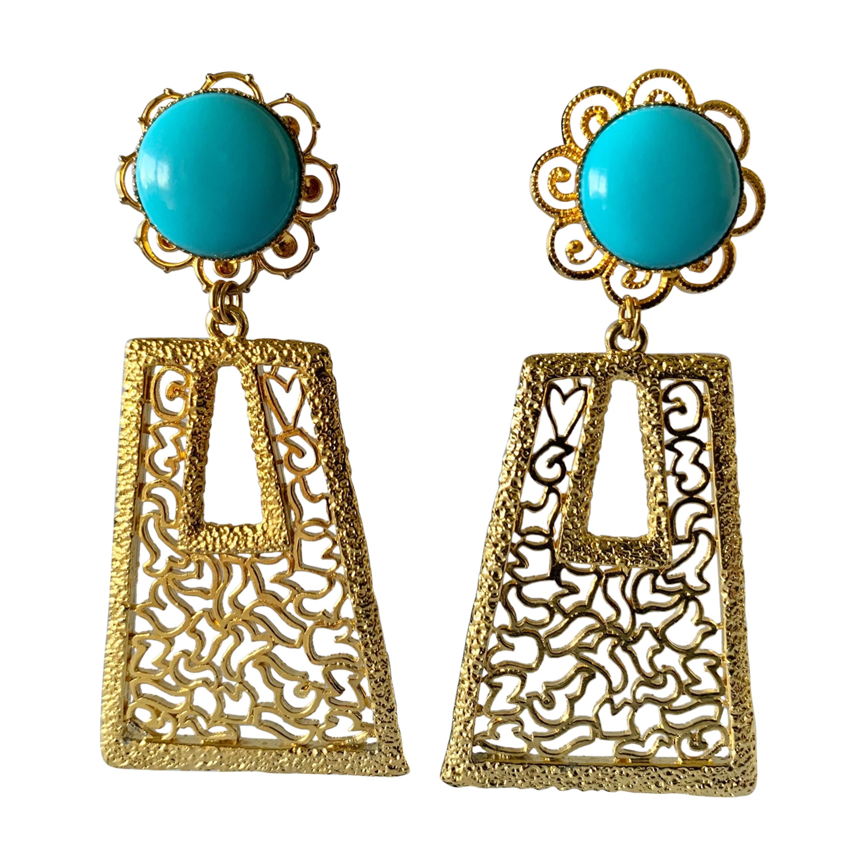 Vintage 1960's Geometric Turquoise Gold Statement Earrings