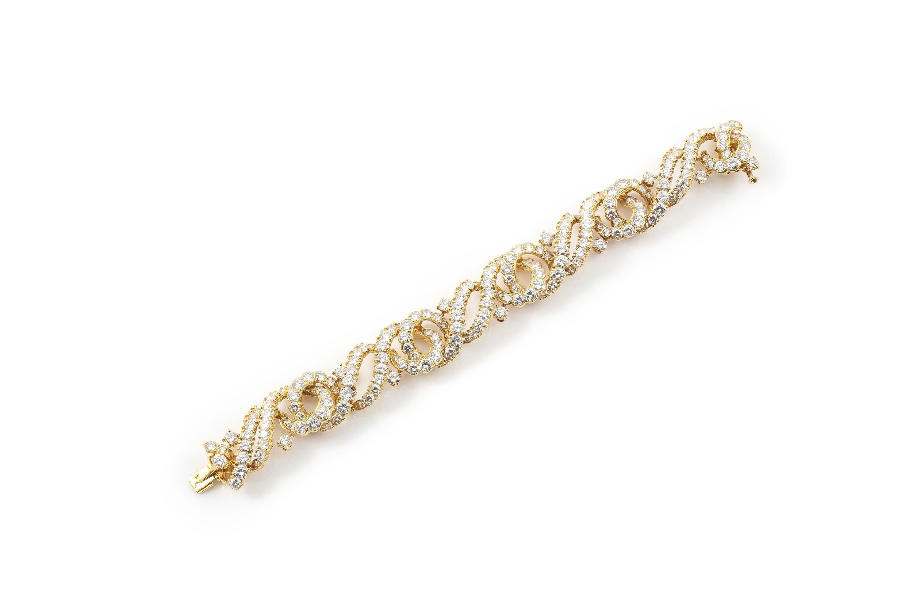 Finely crafted in 18K yellow gold and set with Round Brilliant cut Diamonds weighing a total of approximately 30.00 carats. 
Signed by M. Gerard
CIrca 1960s
Size 7 inches