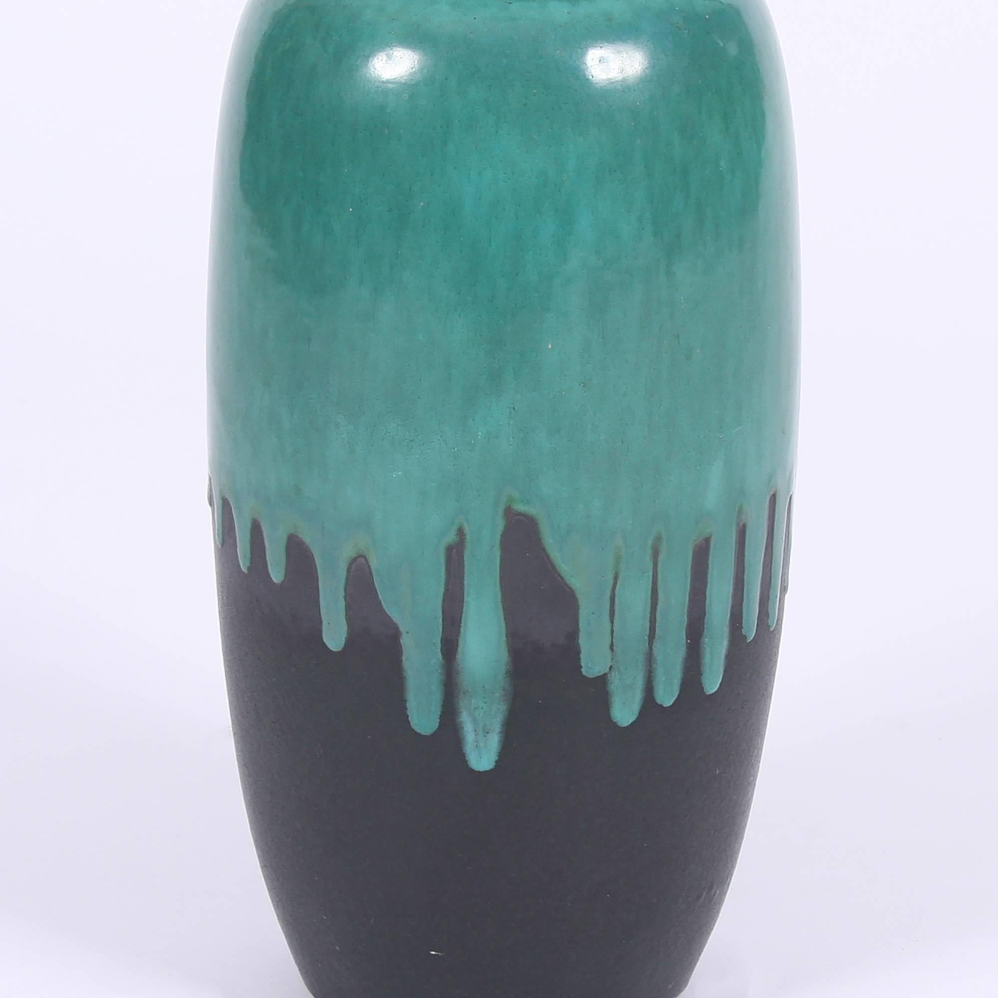 Vintage 1960s German Green Ceramic Vase with Paint Drip Effect In Good Condition For Sale In London, GB