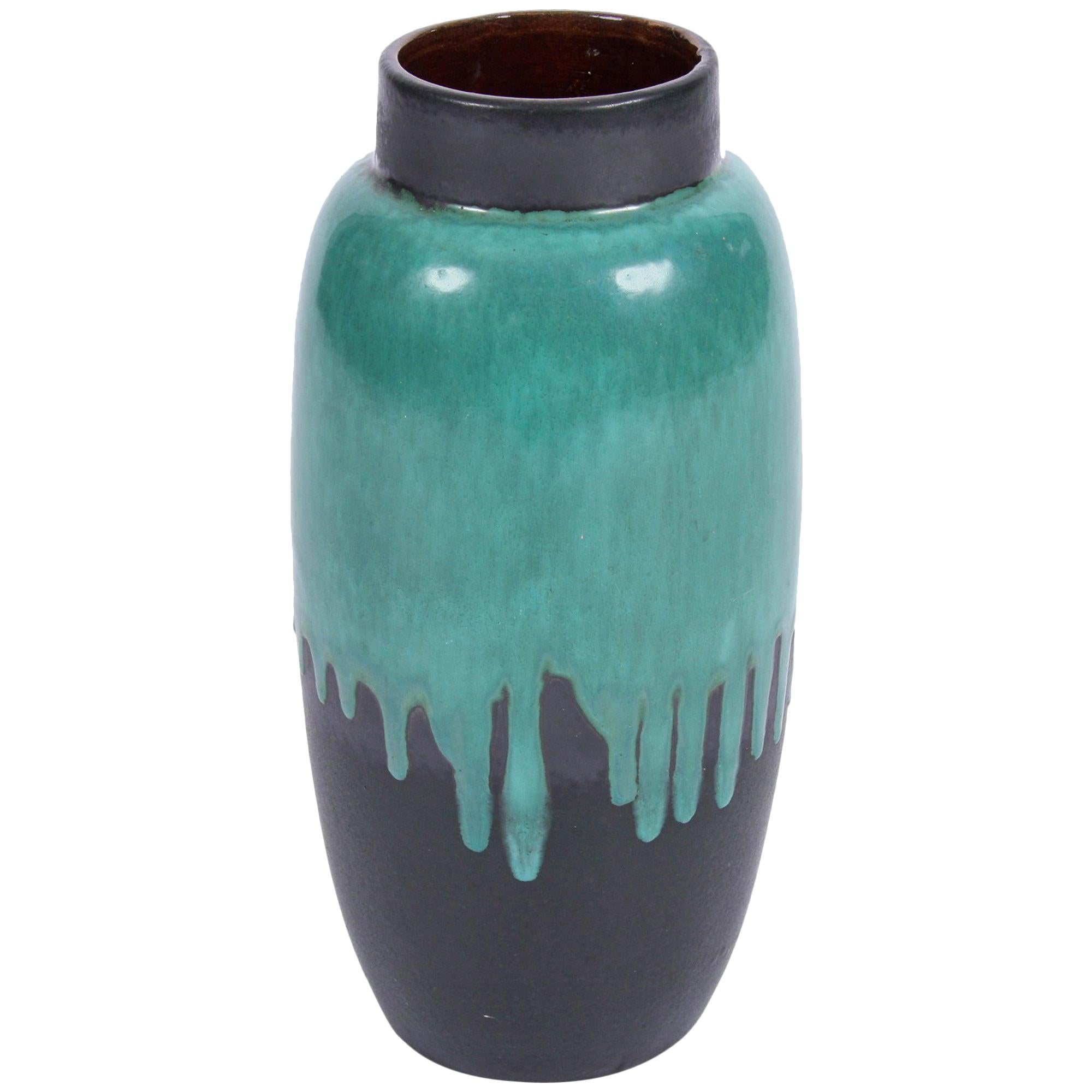 Vintage 1960s German Green Ceramic Vase with Paint Drip Effect For Sale