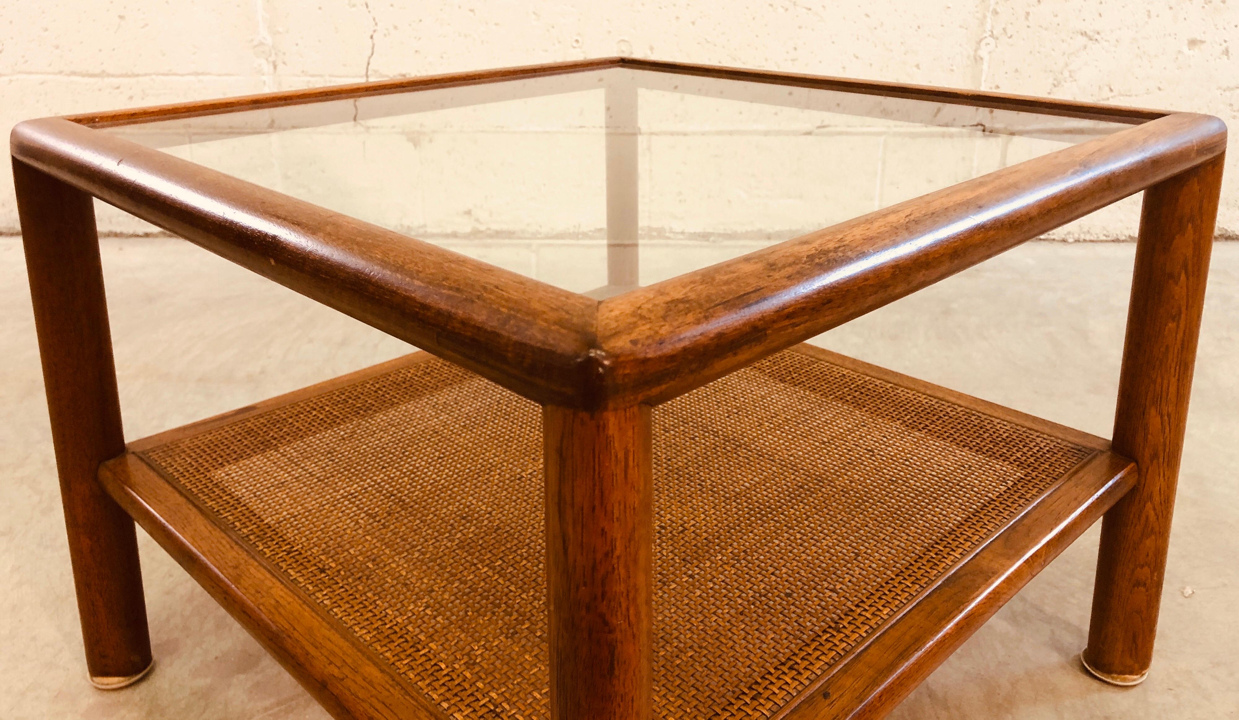 20th Century Vintage 1960s Glass Top and Caned Small Side Table For Sale
