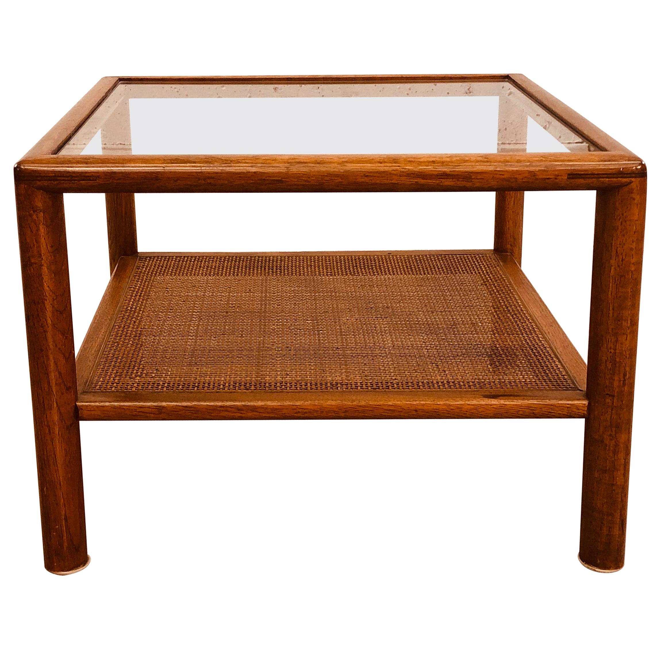 Vintage 1960s Glass Top and Caned Small Side Table For Sale