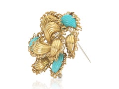 Vintage 1960s Gold and Carved Turquoise Flower Brooch