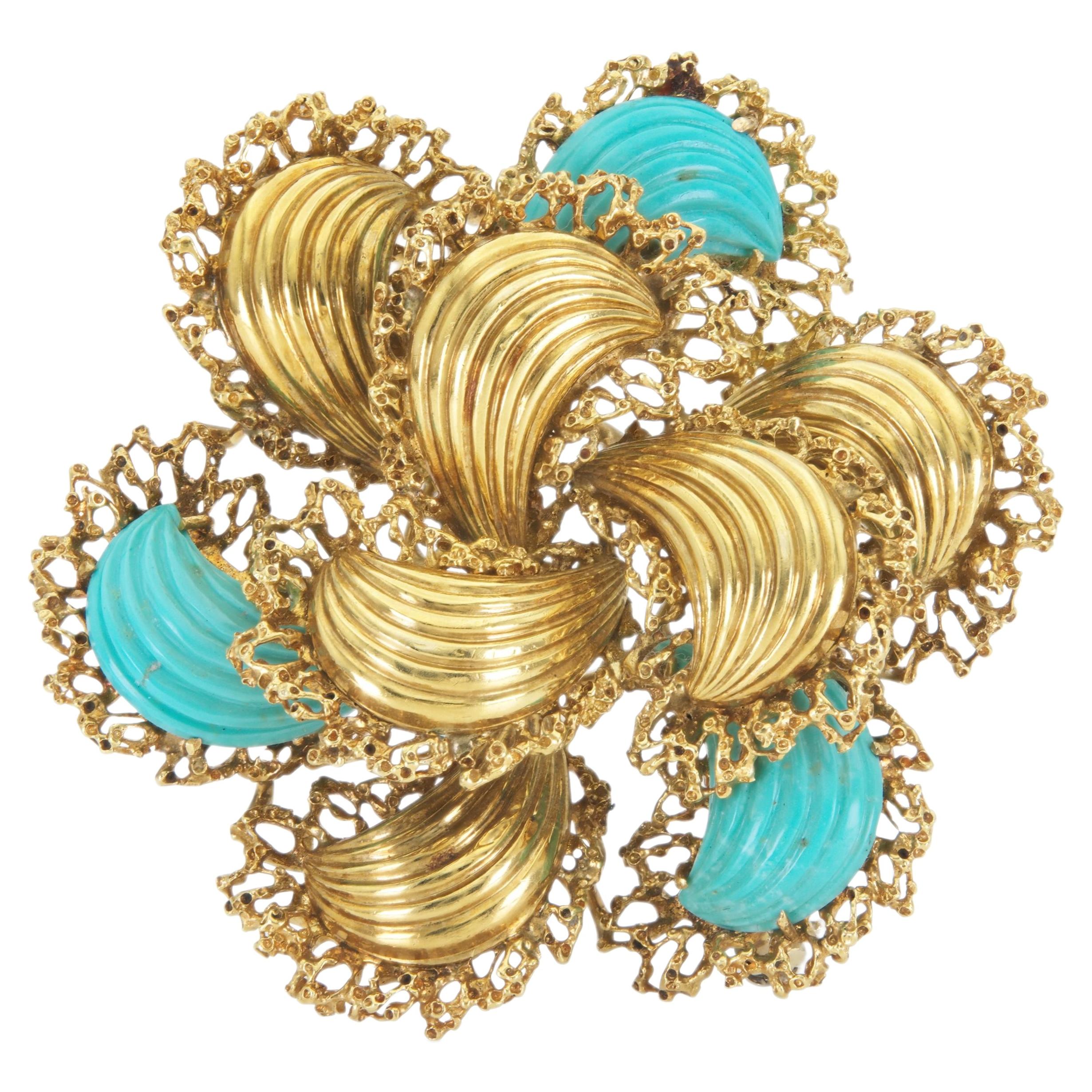 Vintage 1960s Gold and Carved Turquoise Flower Brooch
