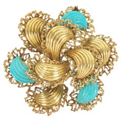 Vintage 1960s Gold and Carved Turquoise Flower Brooch