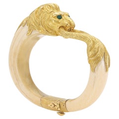Vintage 1960s Gold & Bone Lion Bracelet with Emeralds
