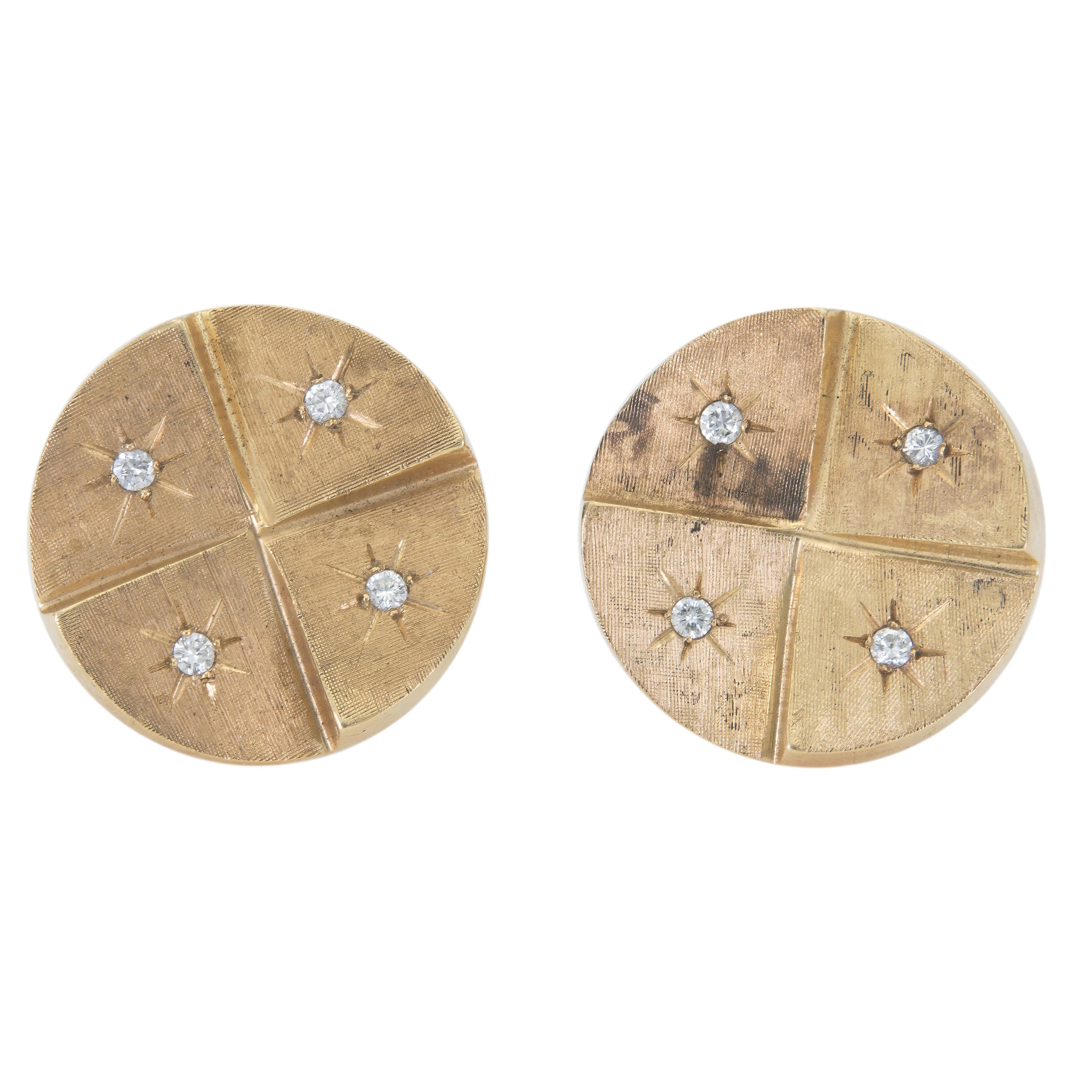 Vintage 1960s Gold Circular Cufflinks with Diamonds