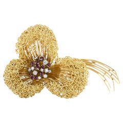 Vintage 1960s Gold Flower Brooch with Rubies and Diamonds
