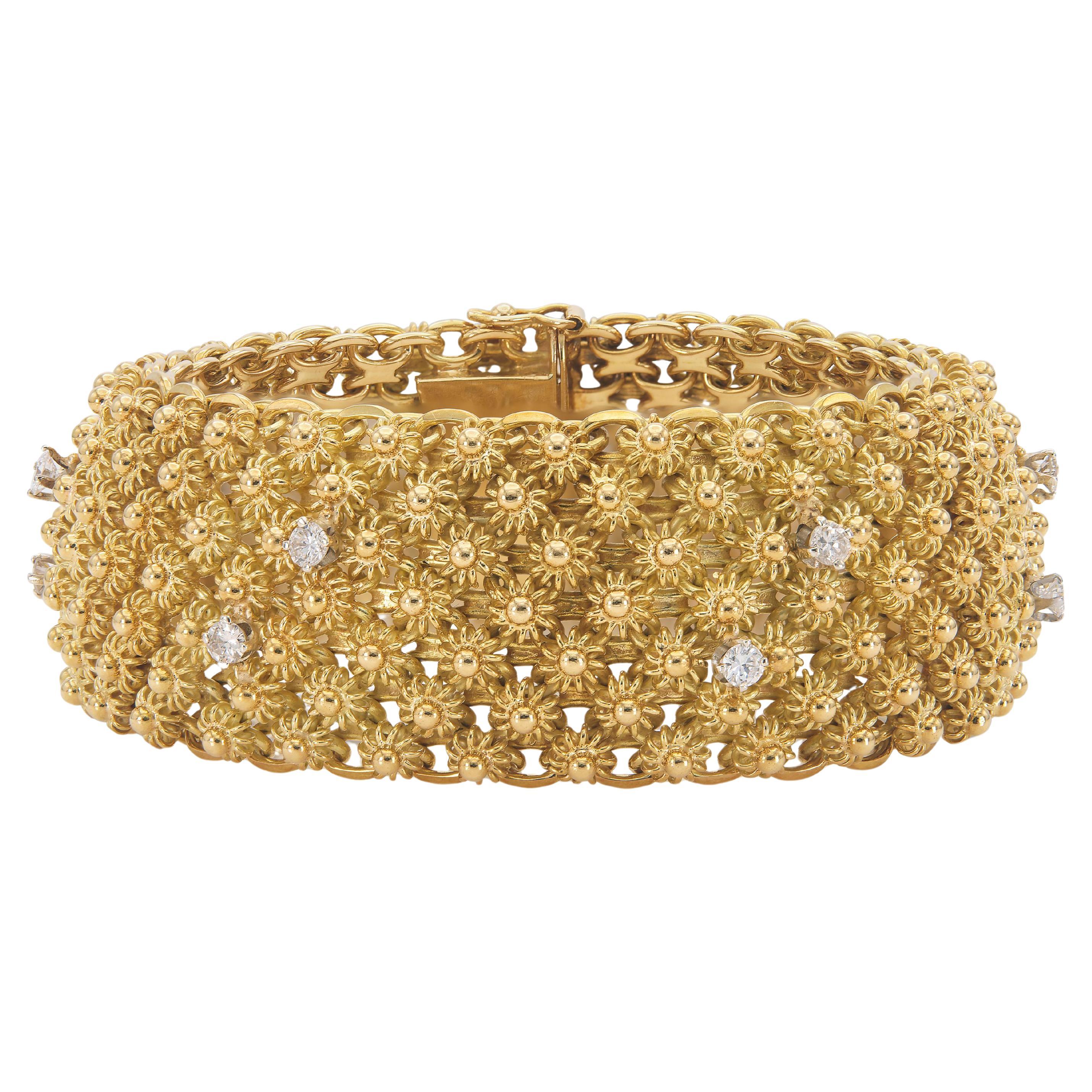 Vintage 1960s Gold Flowers Wide Bracelet with Diamonds