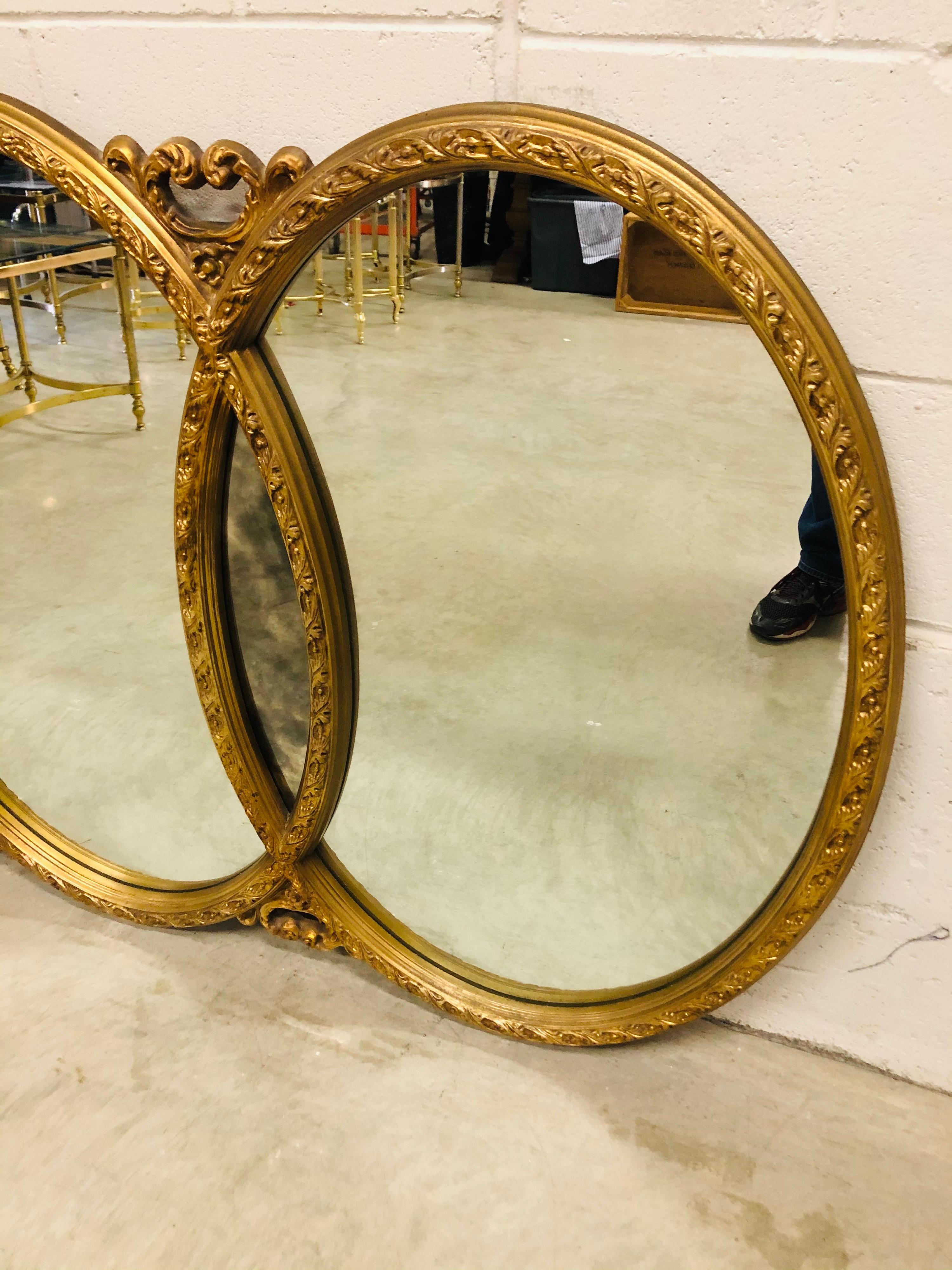 Hollywood Regency Miroir mural vintage encadré à 3 sections avec cadre doré, années 1960 en vente