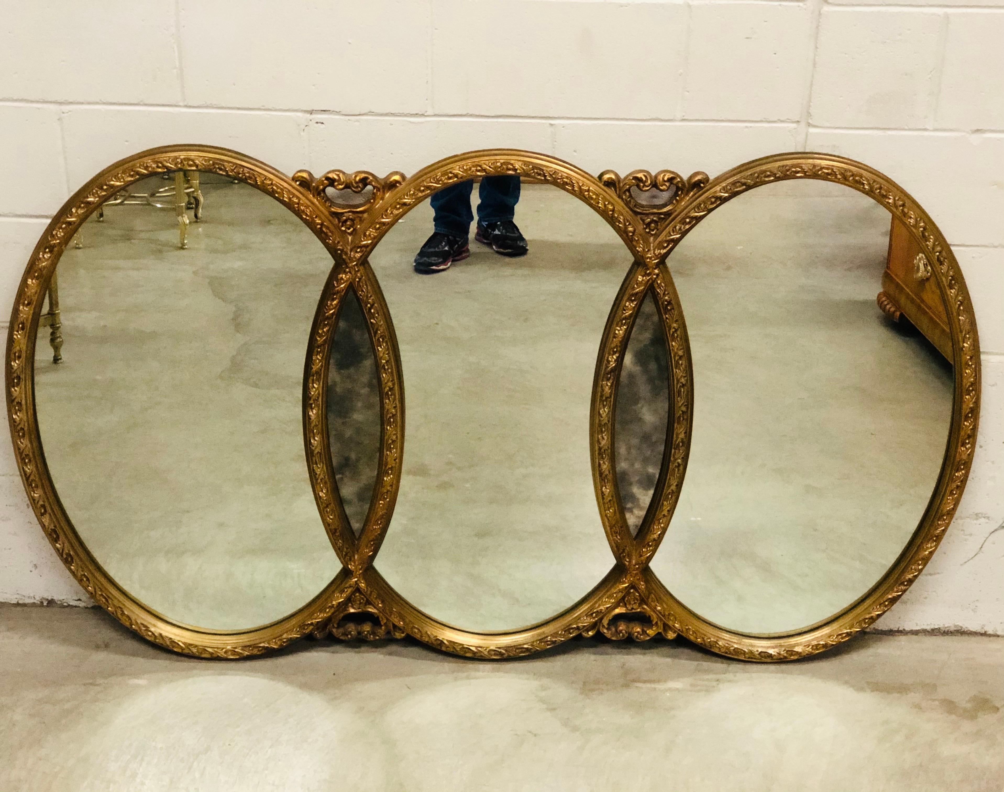 20th Century Vintage 1960s Gold Framed 3 Section Wall Mirror For Sale