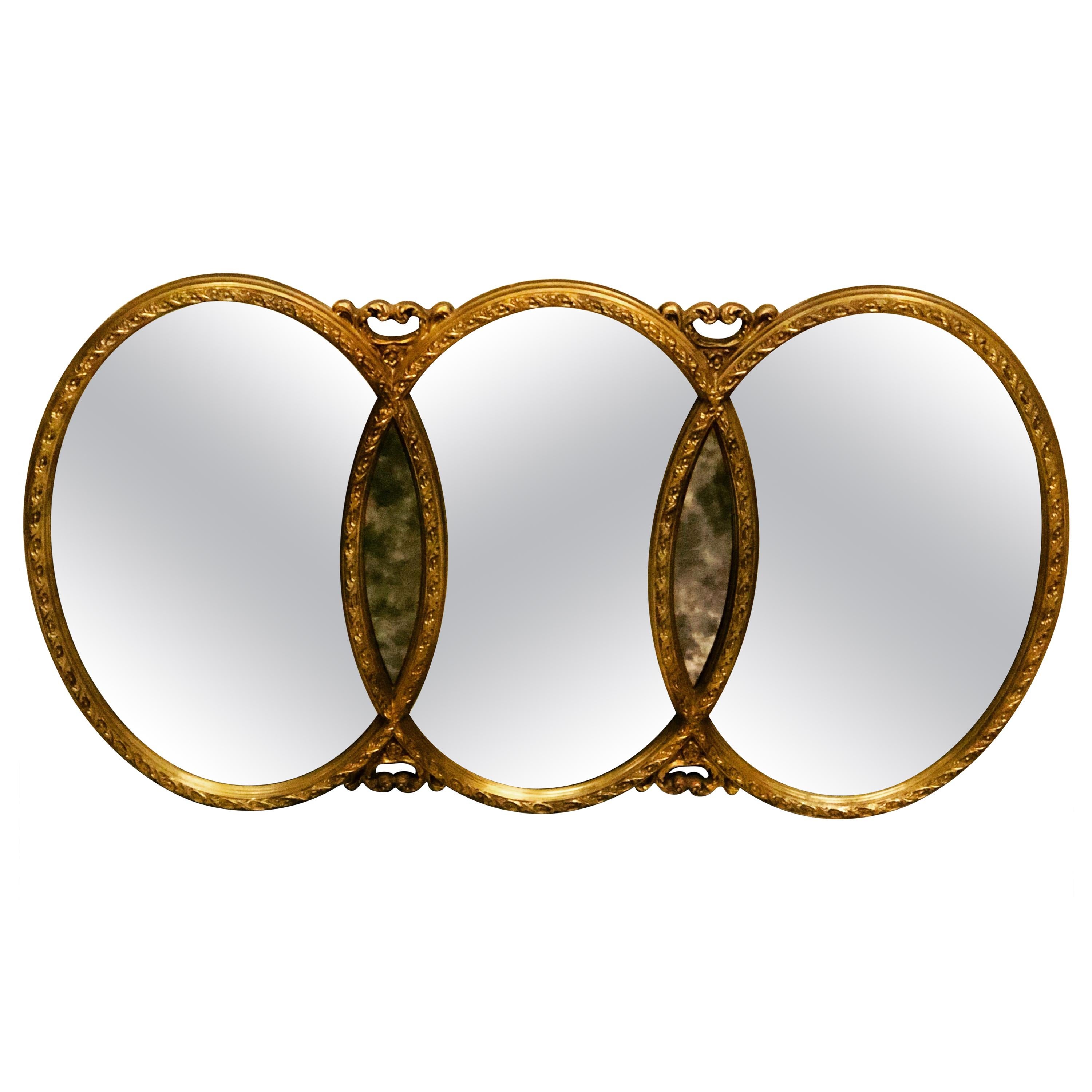 Vintage 1960s Gold Framed 3 Section Wall Mirror For Sale