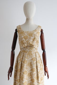 Vintage 1960's Gold Lurex Brocade & Rhinestone Evening Gown UK 8 US 4